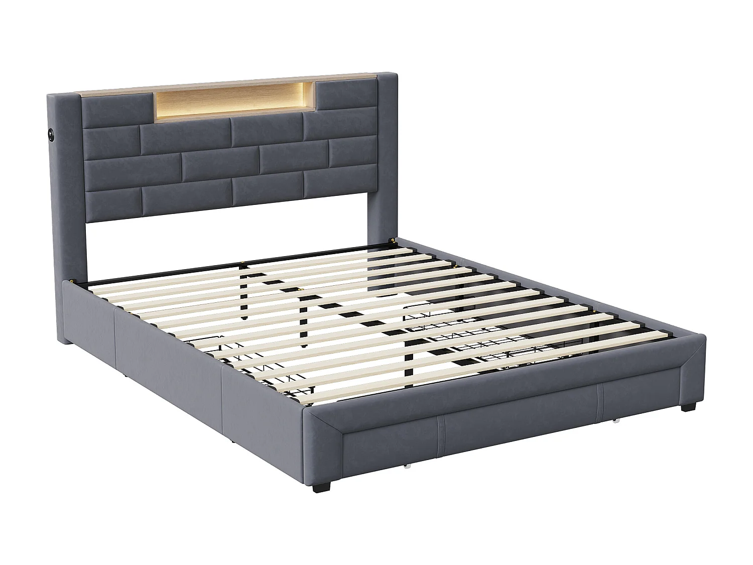 Lit 160x200 cm avec sommier à lattes - NEXU  lit double 160x200 cm avec rangement en tête de lit - LED - USB - lit tiroir 160 x 200 cm - tissu en velours - gris