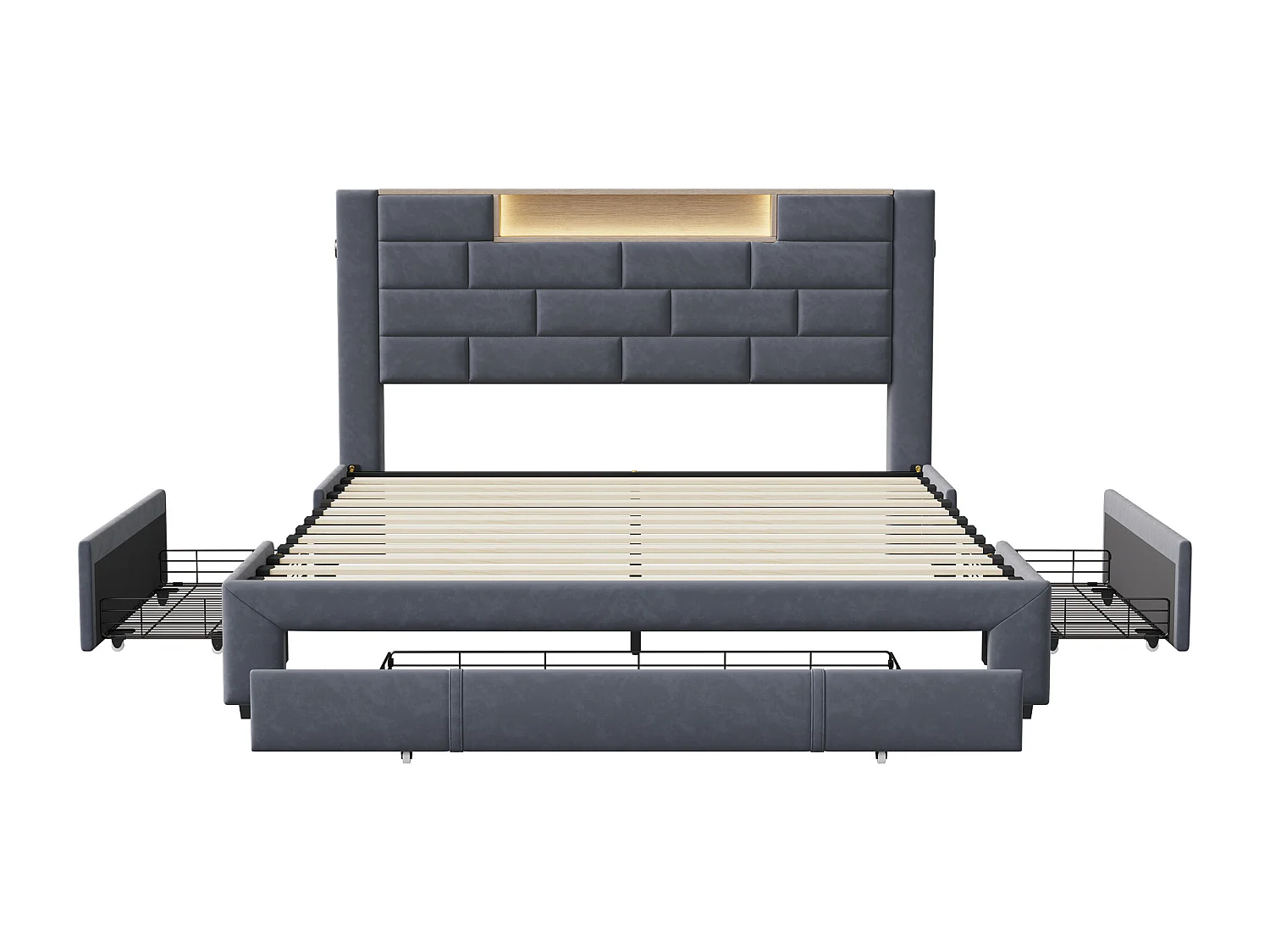 Lit 160x200 cm avec sommier à lattes - NEXU  lit double 160x200 cm avec rangement en tête de lit - LED - USB - lit tiroir 160 x 200 cm - tissu en velours - gris