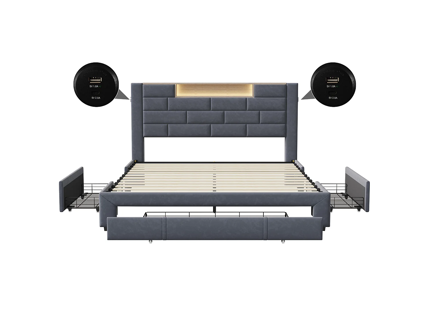 Lit double 160x200 cm avec rangement en tête de lit et tiroirs, sommier à lattes, LED, USB, velours gris