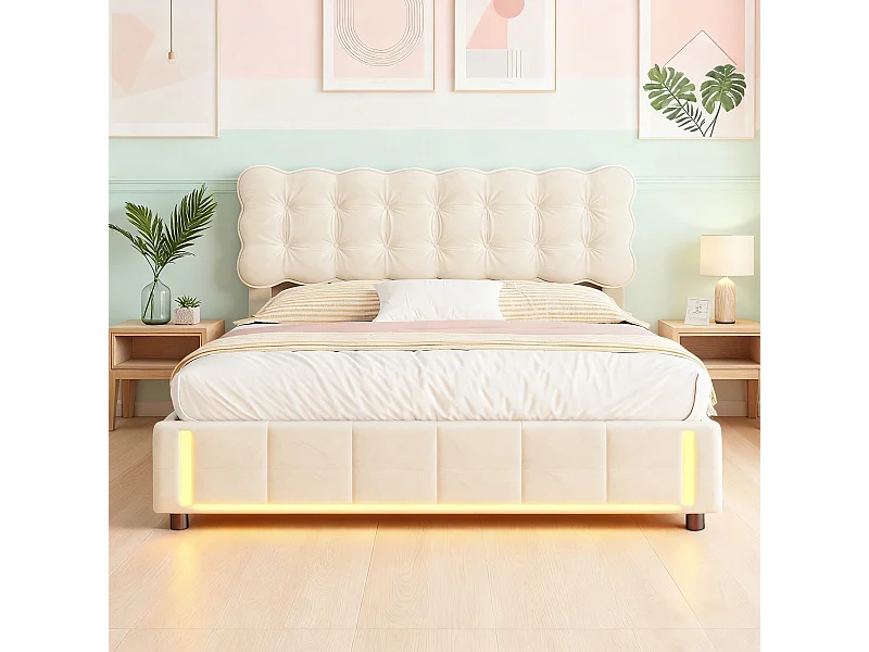 Lit coffre 140x190 cm avec sommier à lattes - lit adulte 140x190 cm - cadre de lit 140x190 cm - tissu en velours - beige