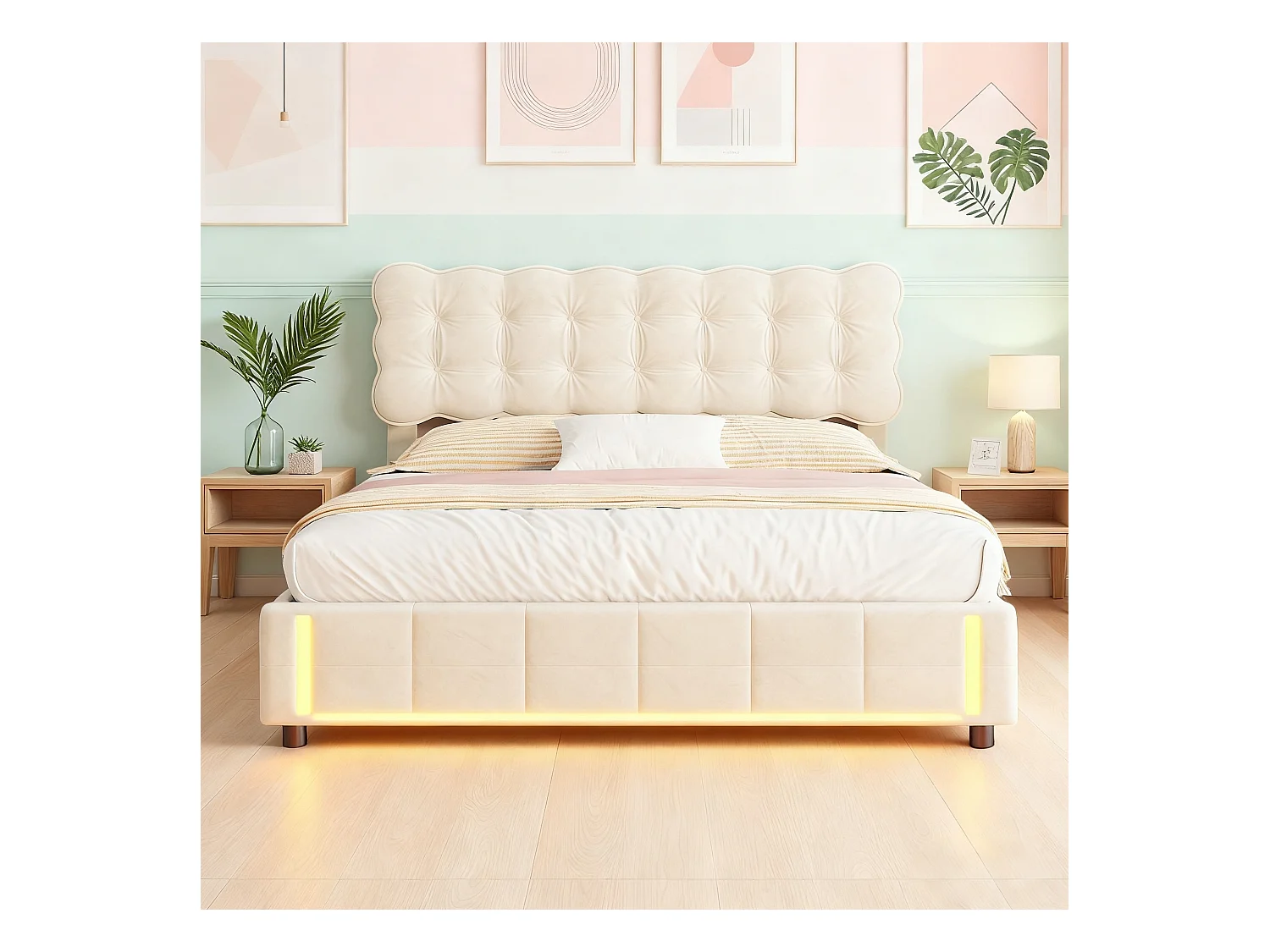 Lit coffre 140x190 cm avec sommier à lattes - lit adulte 140x190 cm - cadre de lit 140x190 cm - tissu en velours - beige