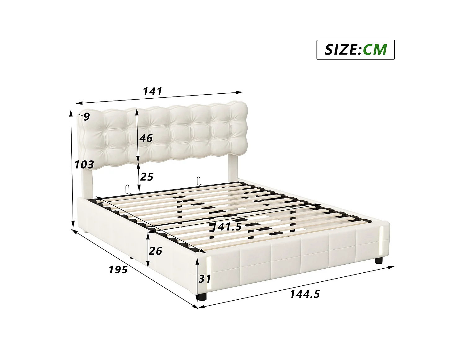 Lit coffre 140x190 cm avec sommier à lattes - lit adulte 140x190 cm - cadre de lit 140x190 cm - tissu en velours - beige