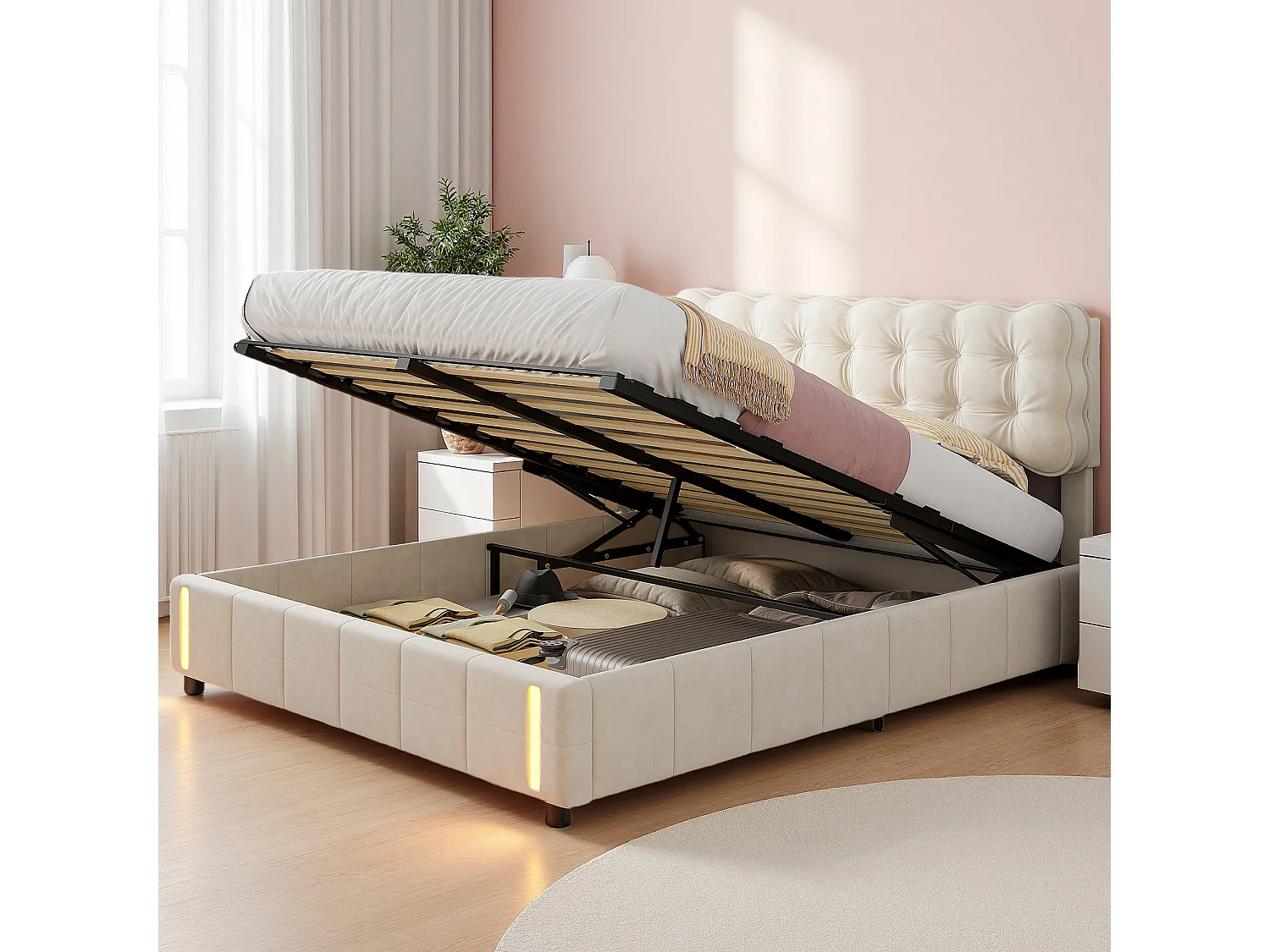 Lit coffre adulte 140x190 cm avec sommier à lattes et rangement intégré, lit double en velours beige