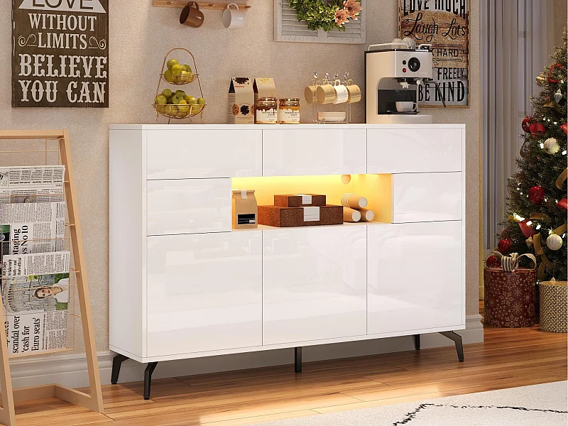 Buffet brillant 140x30x94cm - 3 tiroirs et 5 portes - avec éclairage LED - avec 5 pieds en métal - MDF - Blanc