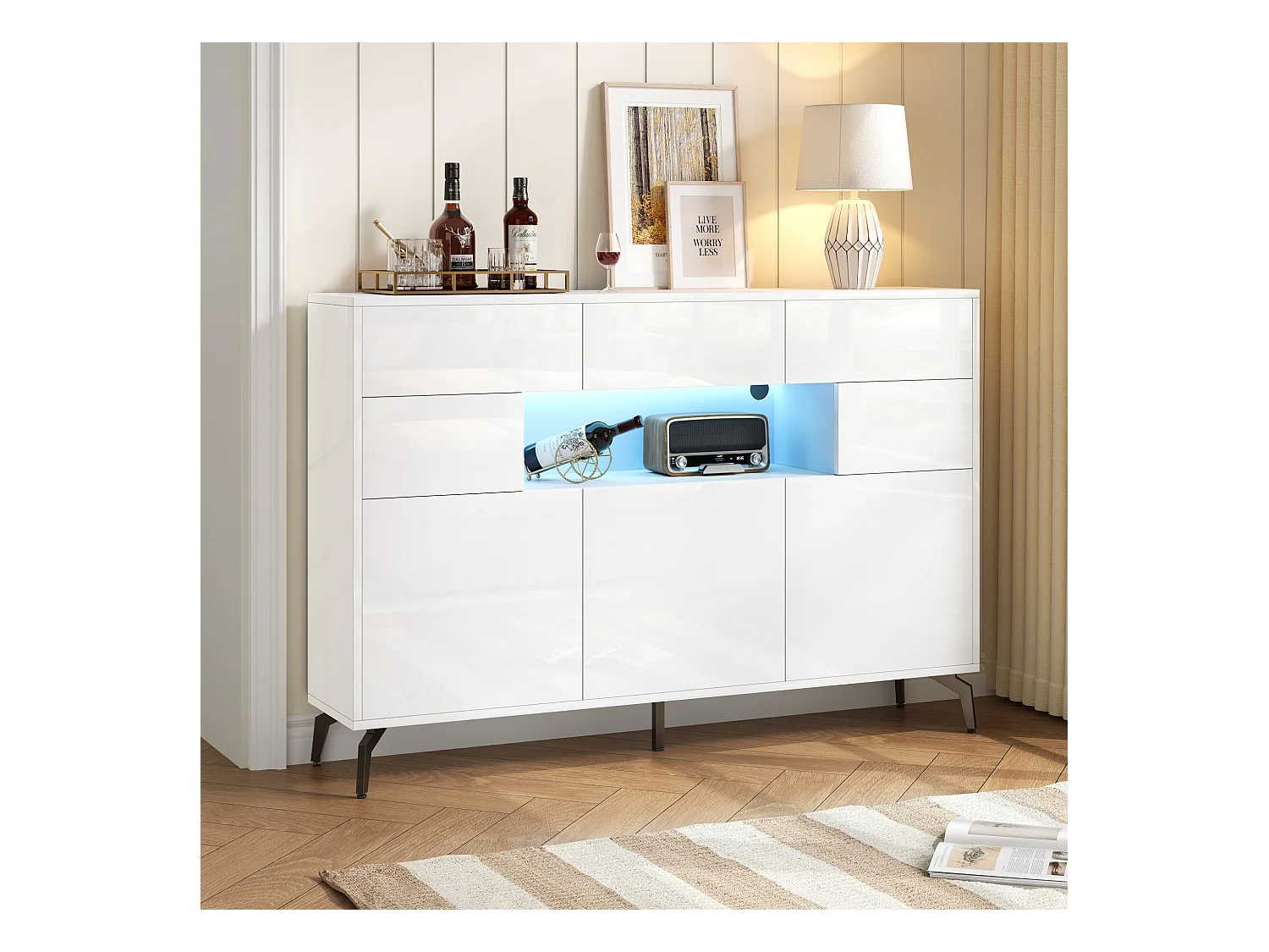 Buffet brillant 140x30x94cm - 3 tiroirs et 5 portes - avec éclairage LED - avec 5 pieds en métal - MDF - Blanc