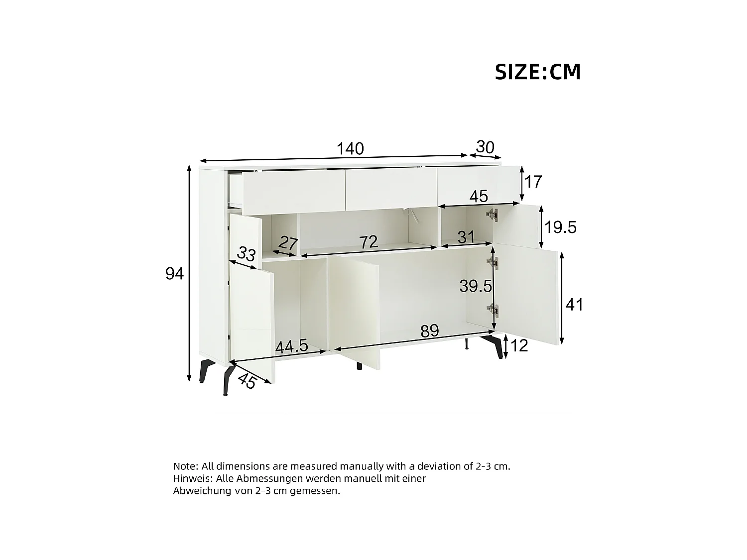 Buffet brillant 140x30x94cm - 3 tiroirs et 5 portes - avec éclairage LED - avec 5 pieds en métal - MDF - Blanc