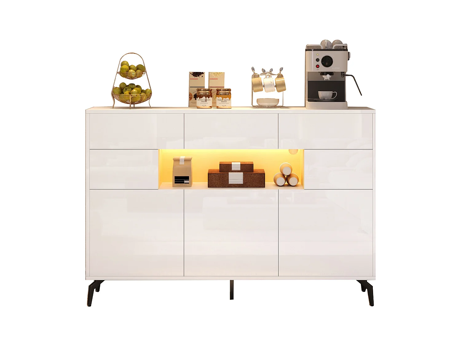 Buffet brillant 140x30x94cm - 3 tiroirs et 5 portes - avec éclairage LED - avec 5 pieds en métal - MDF - Blanc