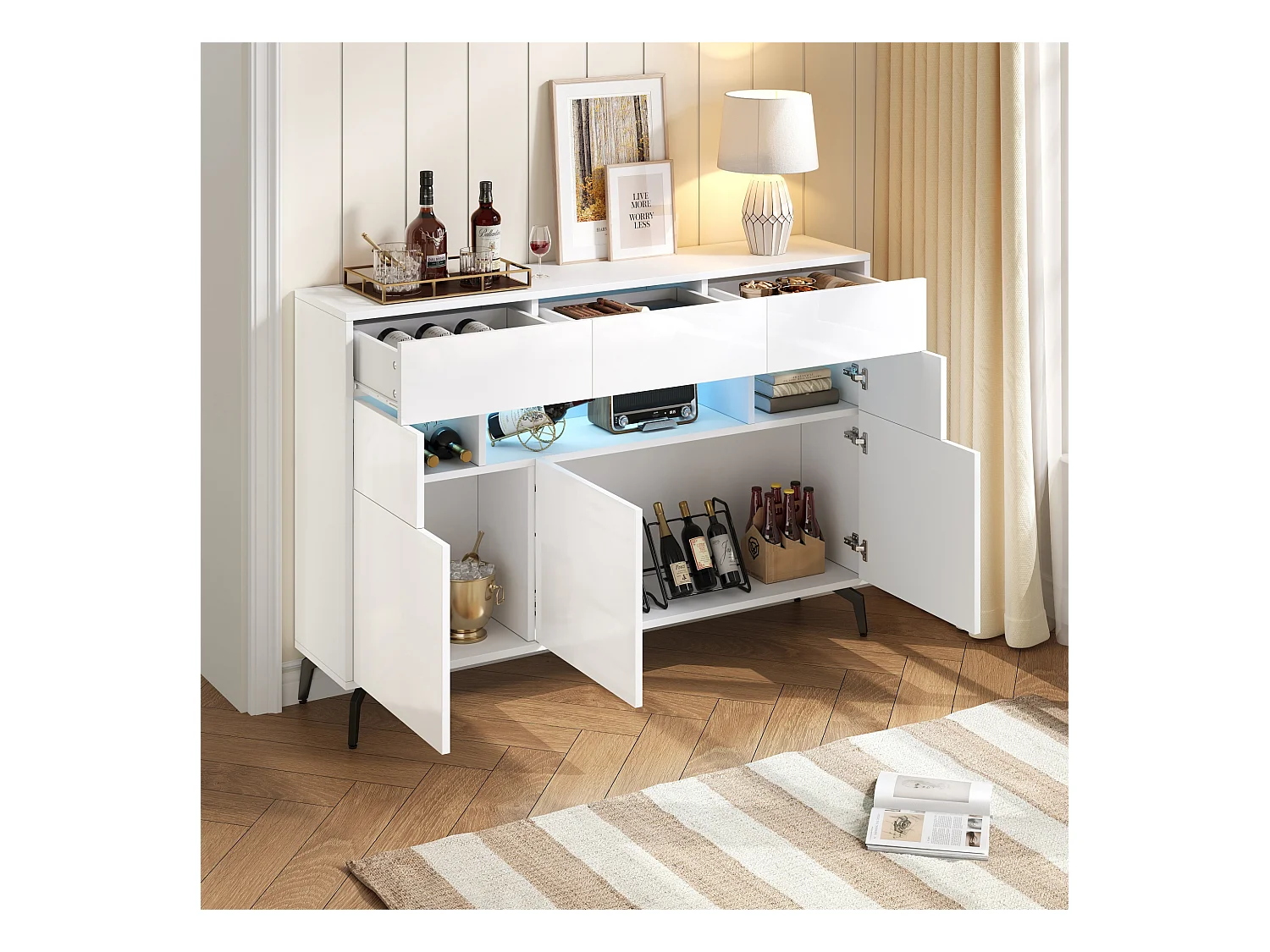 Buffet brillant 140x30x94cm - 3 tiroirs et 5 portes - avec éclairage LED - avec 5 pieds en métal - MDF - Blanc