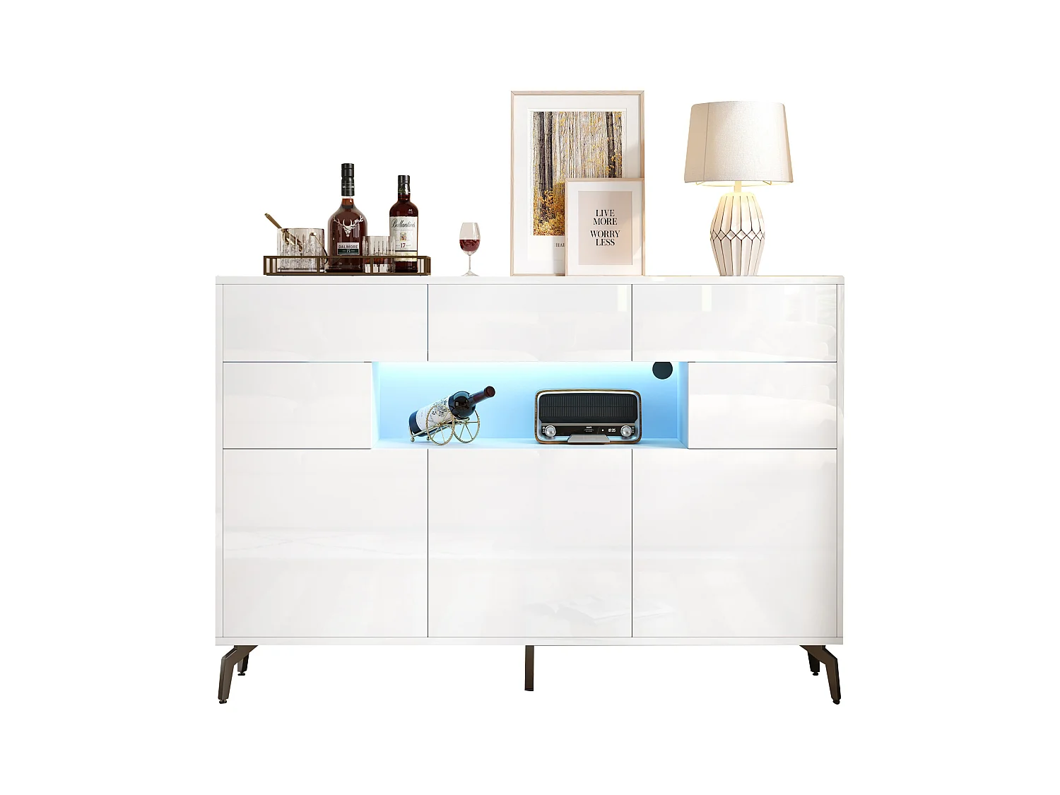 Buffet brillant 140x30x94cm - 3 tiroirs et 5 portes - avec éclairage LED - avec 5 pieds en métal - MDF - Blanc