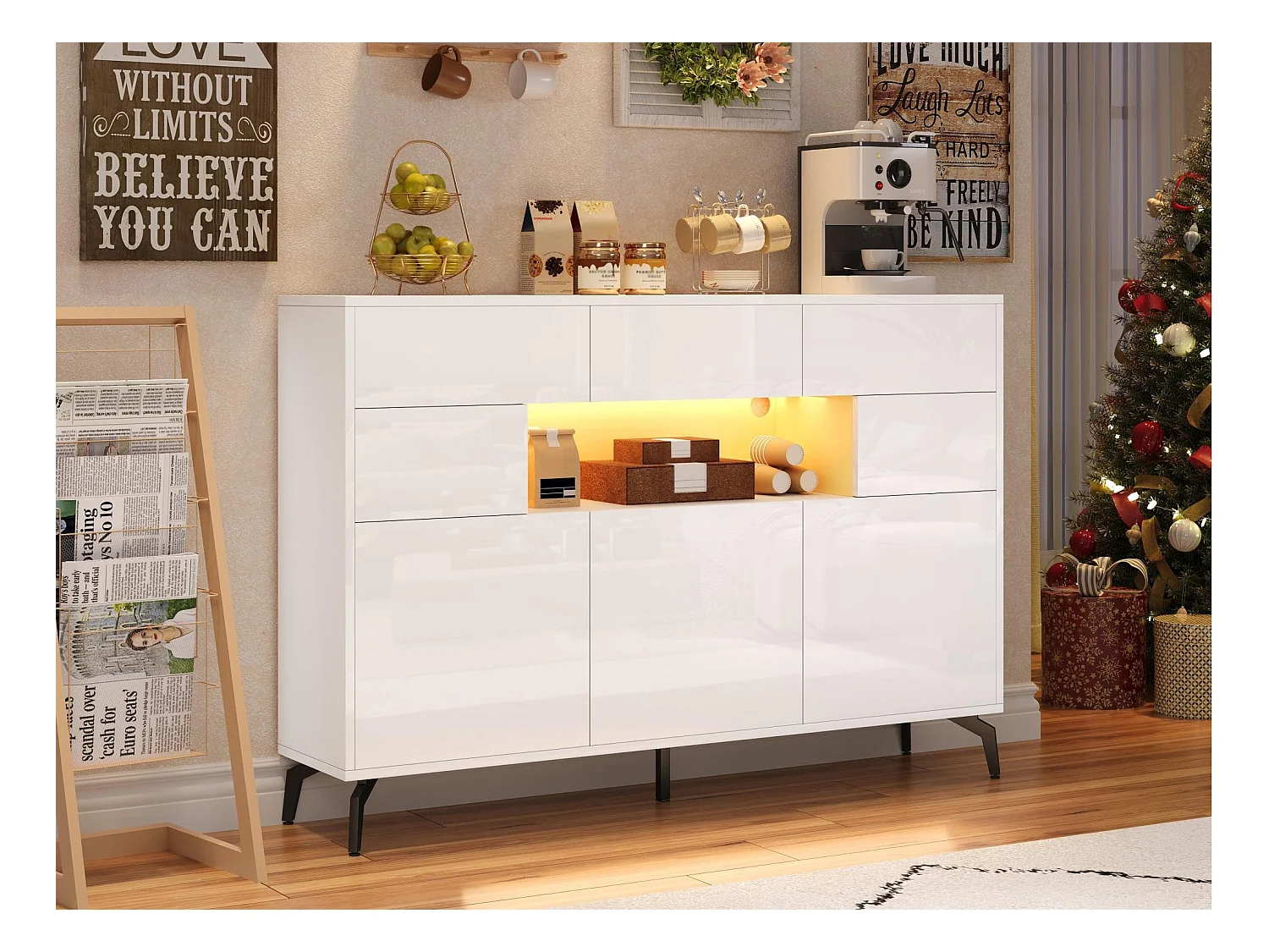 Błyszczący bufet 140x30x94 cm - 3 szuflady i 5 drzwi - z oświetleniem LED - z 5 metalowymi nogami - MDF - Biały