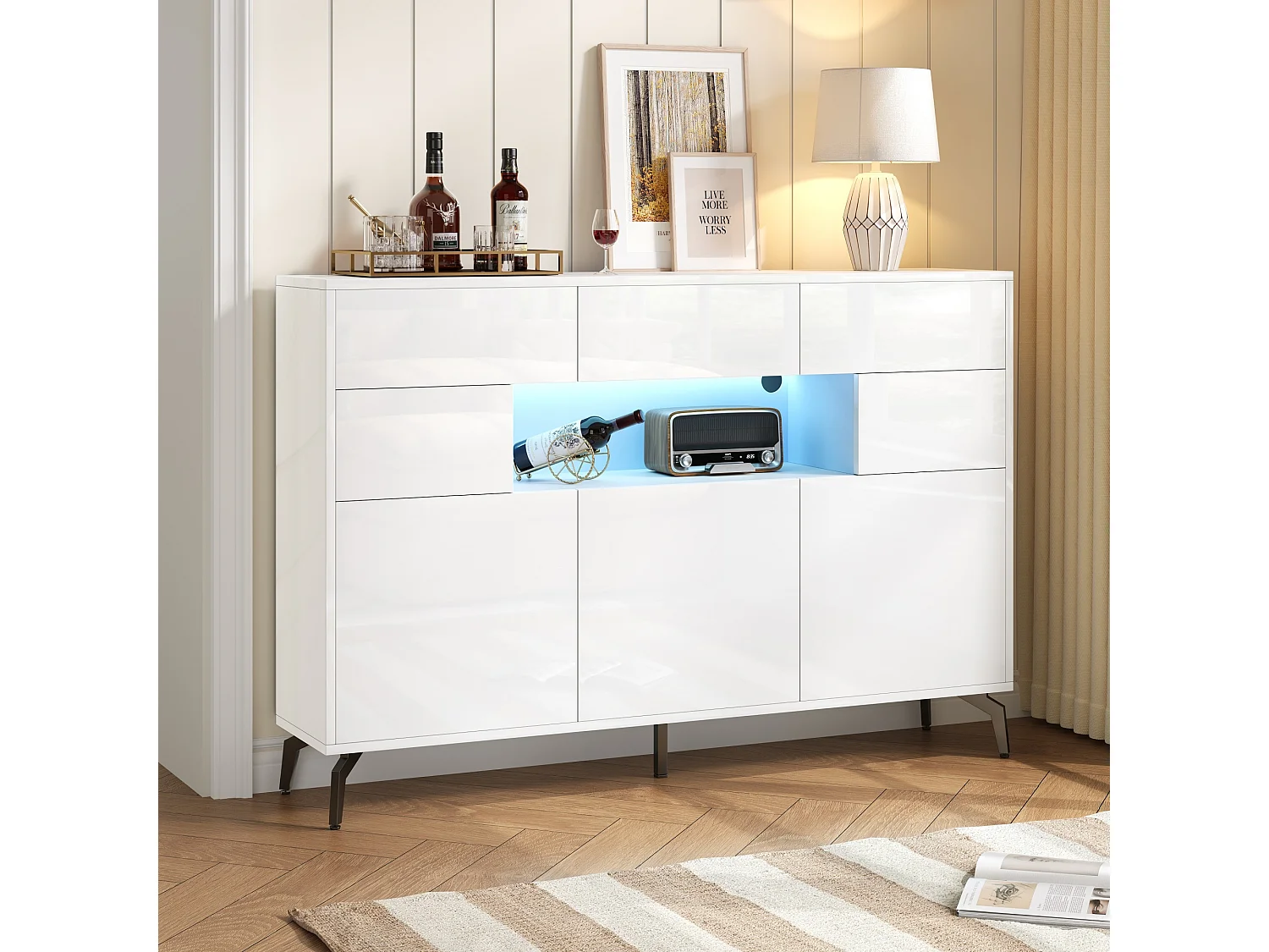 Glanzend buffet 140x30x94 cm - 3 laden en 5 deuren - met LED-verlichting - met 5 metalen poten - MDF - Wit