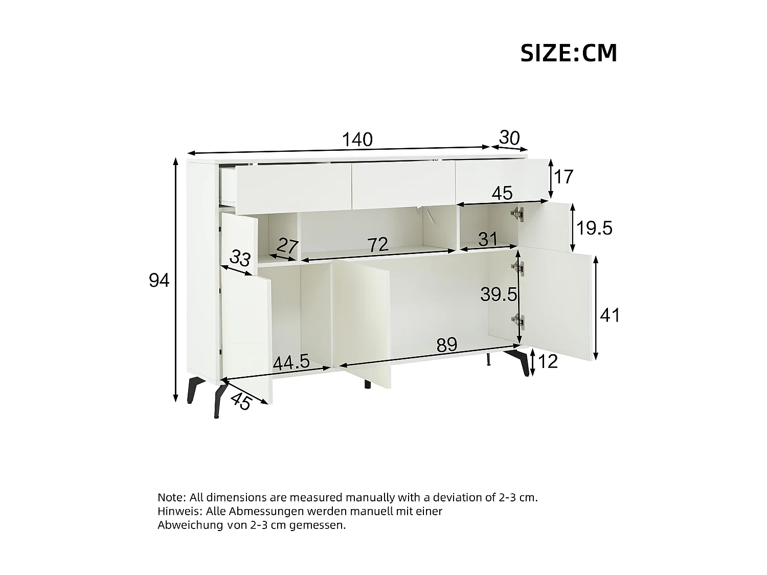 Glanzend buffet 140x30x94 cm - 3 laden en 5 deuren - met LED-verlichting - met 5 metalen poten - MDF - Wit