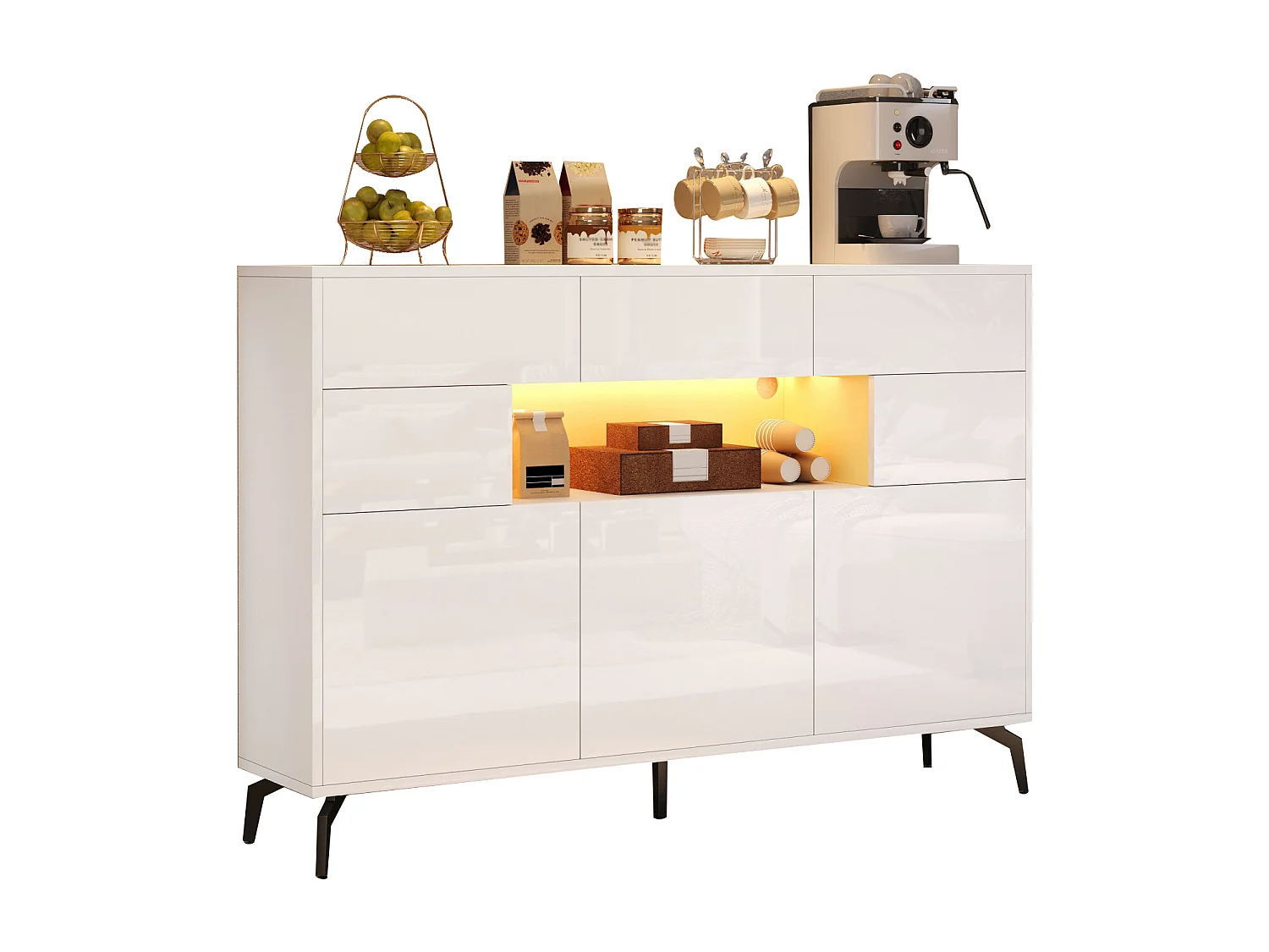 Glanzend buffet 140x30x94 cm - 3 laden en 5 deuren - met LED-verlichting - met 5 metalen poten - MDF - Wit