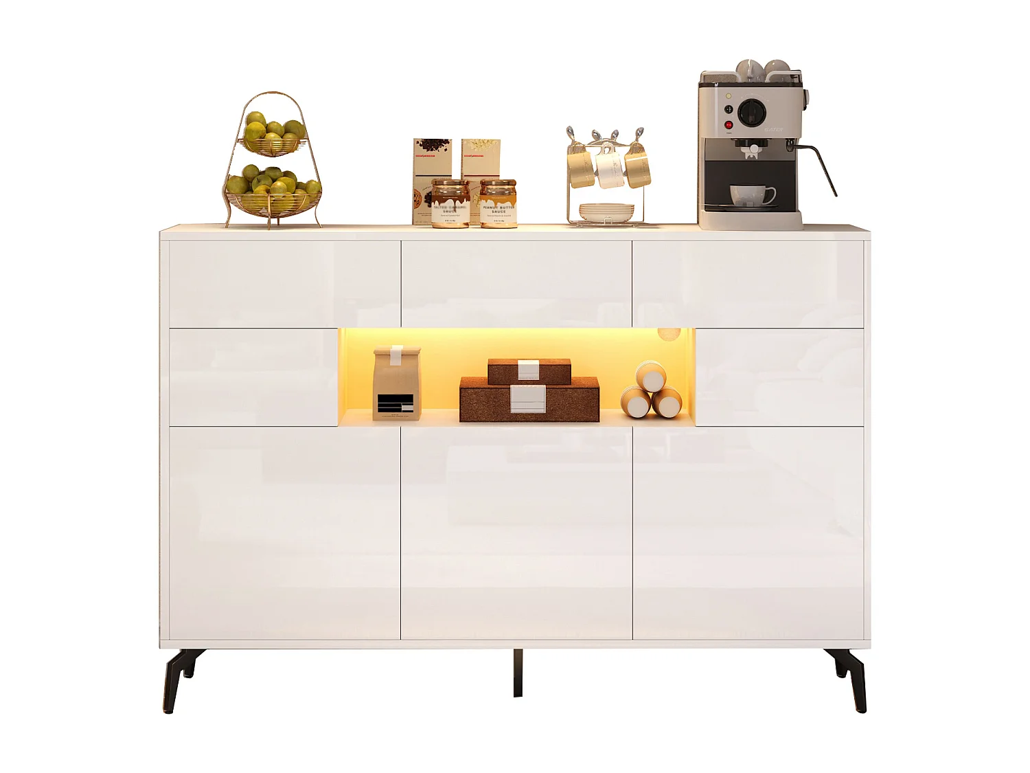 Glanzend buffet 140x30x94 cm - 3 laden en 5 deuren - met LED-verlichting - met 5 metalen poten - MDF - Wit