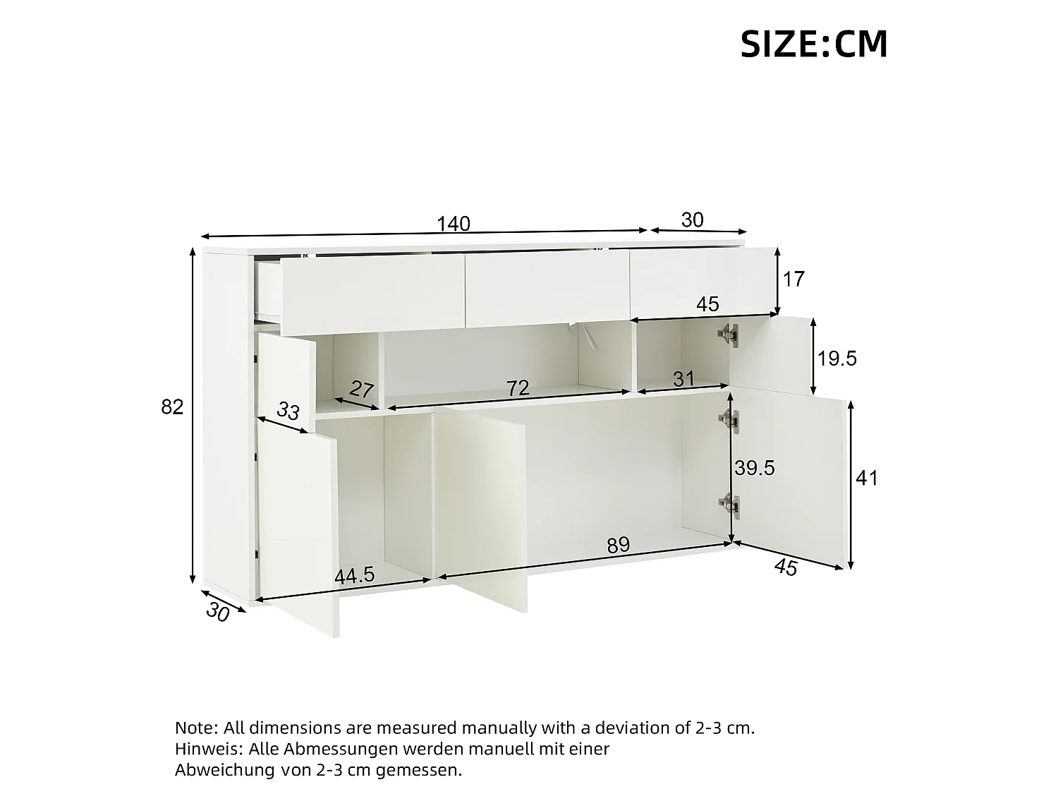 Glossy sideboard 140x30x94 cm - 3 drawers and 5 doors - with LED lighting - with 5 metal legs - MDF - White