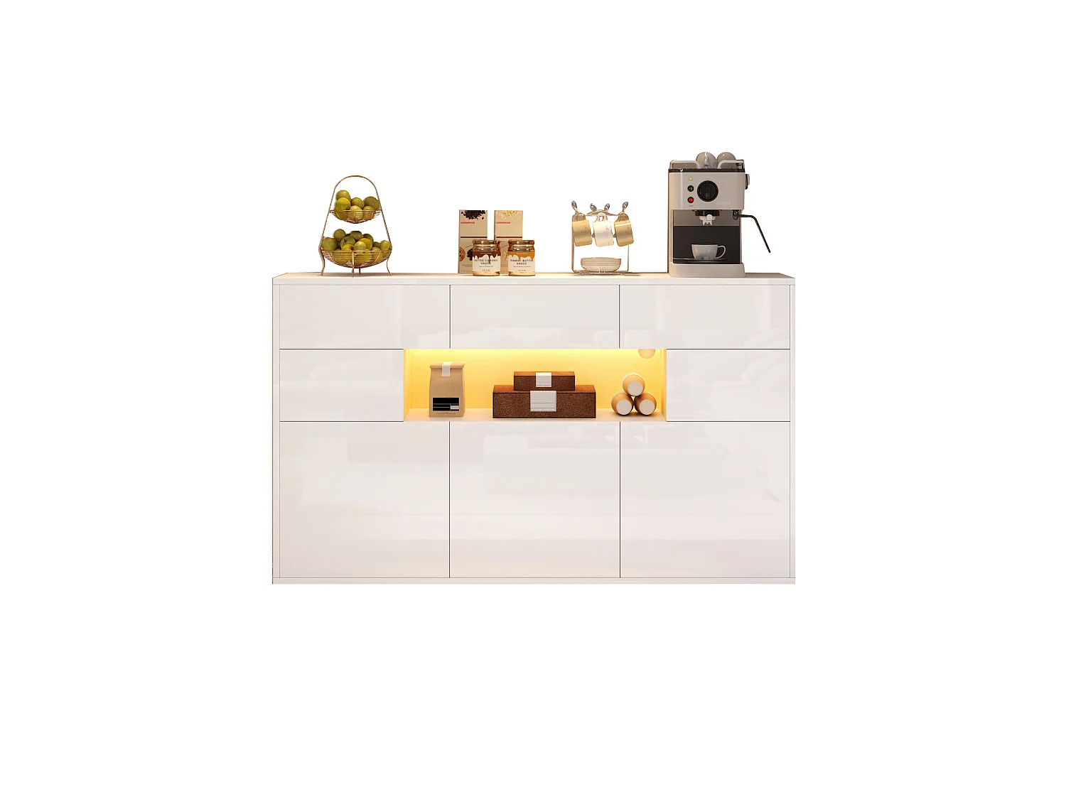 Glossy sideboard 140x30x94 cm - 3 drawers and 5 doors - with LED lighting - with 5 metal legs - MDF - White