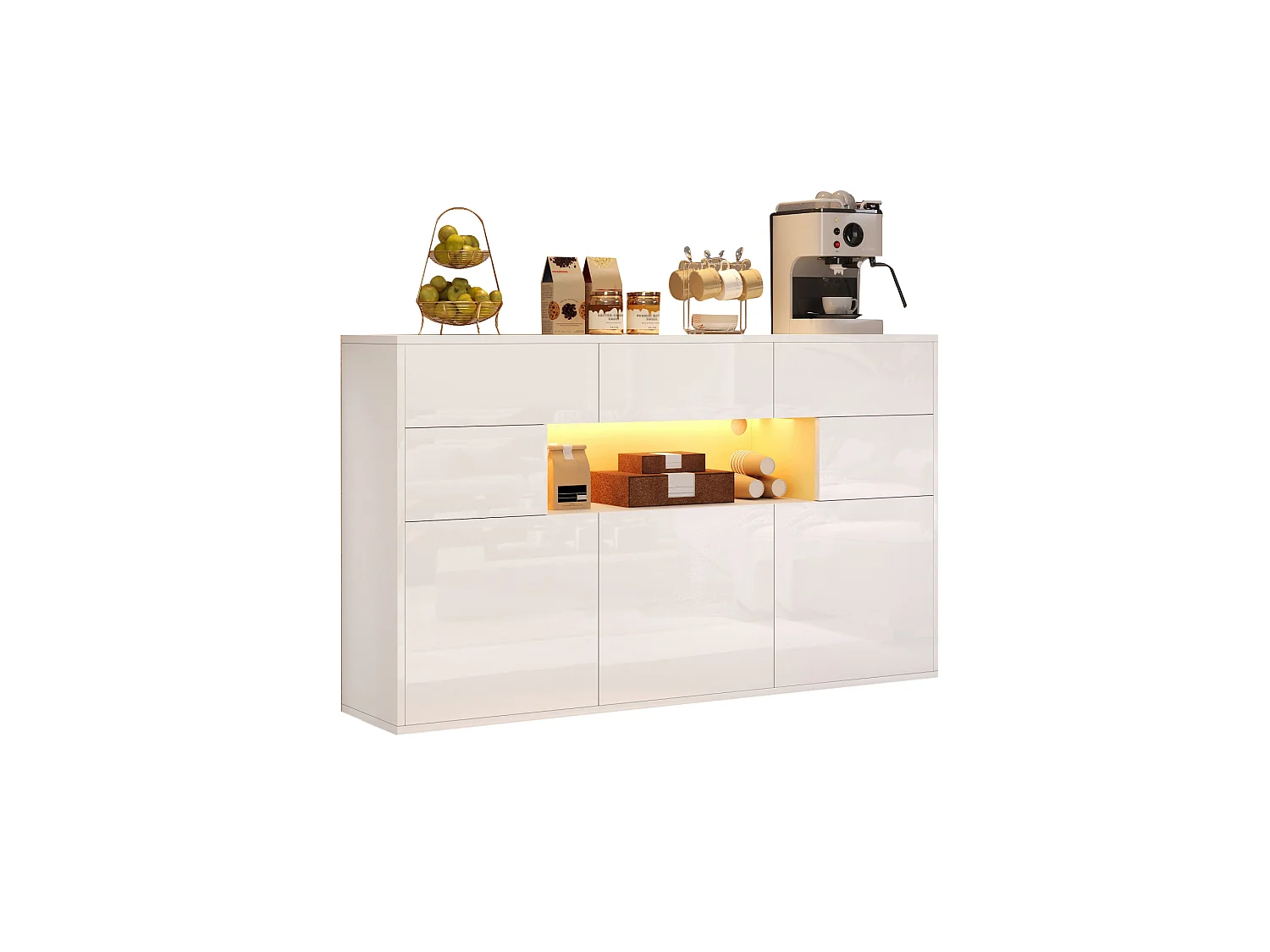 Glossy sideboard 140x30x94 cm - 3 drawers and 5 doors - with LED lighting - with 5 metal legs - MDF - White
