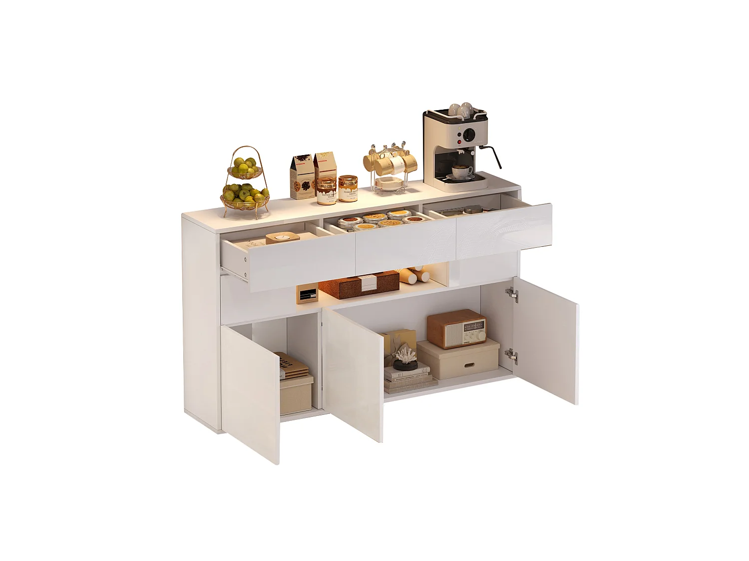 Glossy sideboard 140x30x94 cm - 3 drawers and 5 doors - with LED lighting - with 5 metal legs - MDF - White