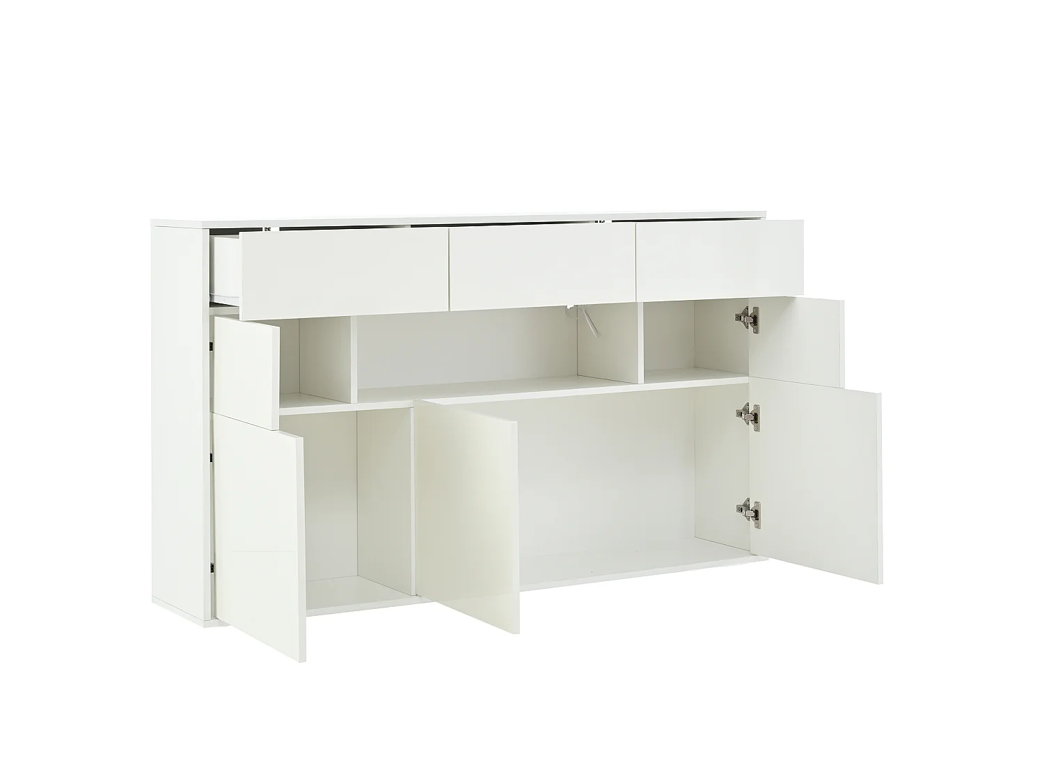 Glossy sideboard 140x30x94 cm - 3 drawers and 5 doors - with LED lighting - with 5 metal legs - MDF - White