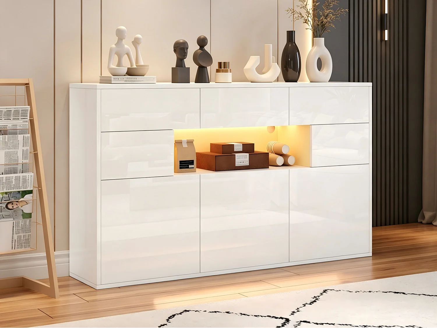 Glossy sideboard 140x30x94 cm - 3 drawers and 5 doors - with LED lighting - with 5 metal legs - MDF - White