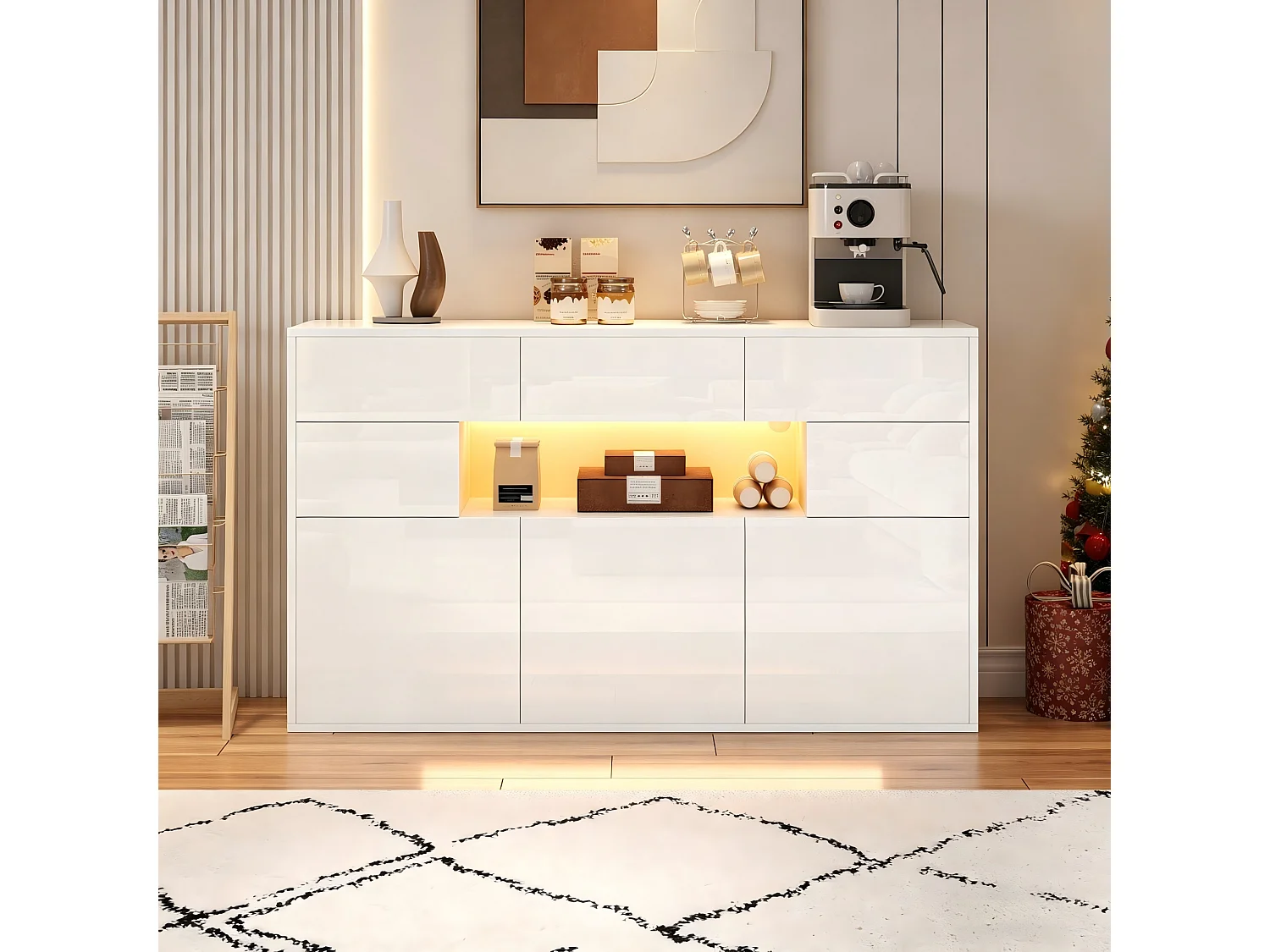 Glossy sideboard 140x30x94 cm - 3 drawers and 5 doors - with LED lighting - with 5 metal legs - MDF - White