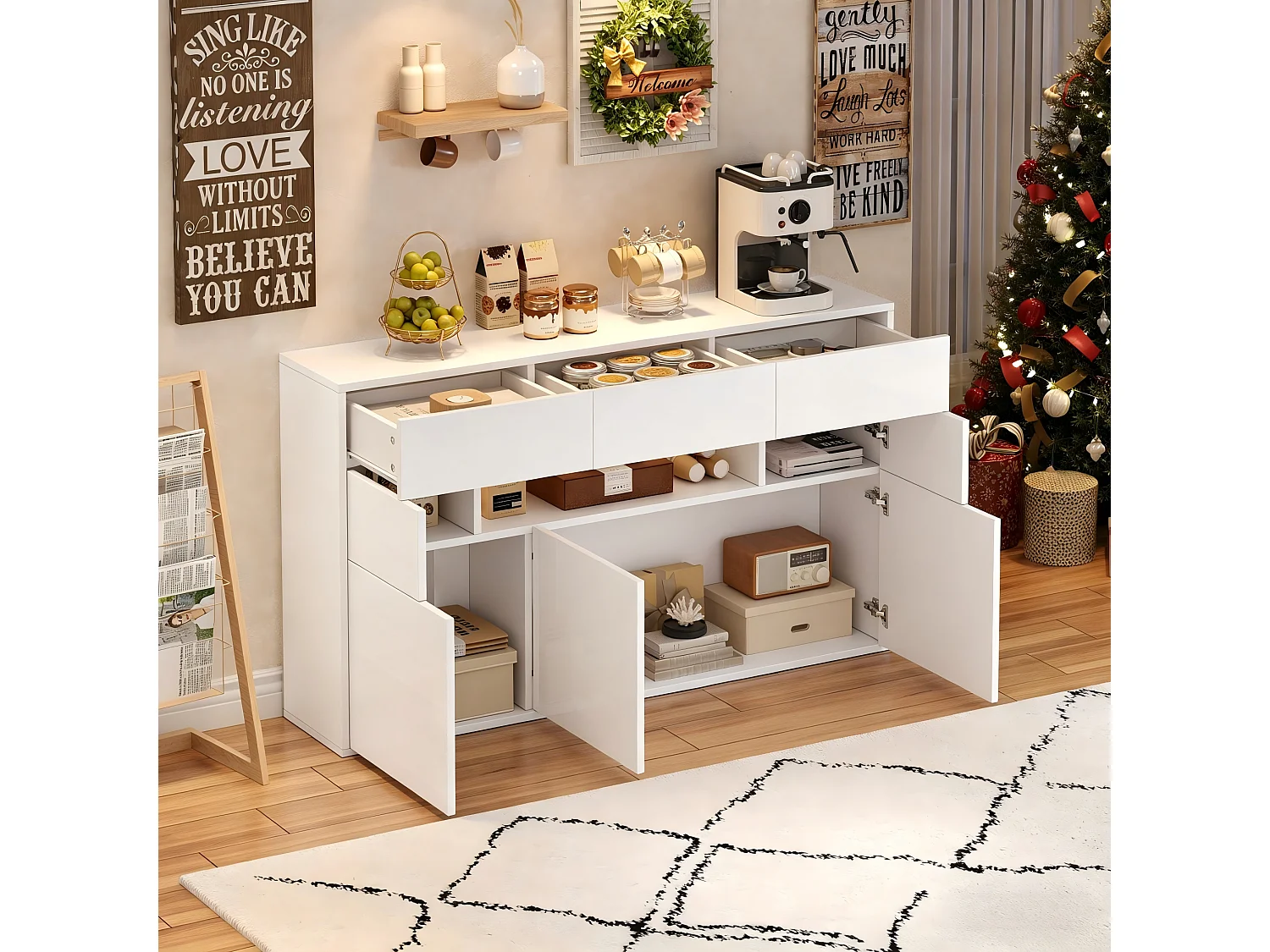 Glossy sideboard 140x30x94 cm - 3 drawers and 5 doors - with LED lighting - with 5 metal legs - MDF - White