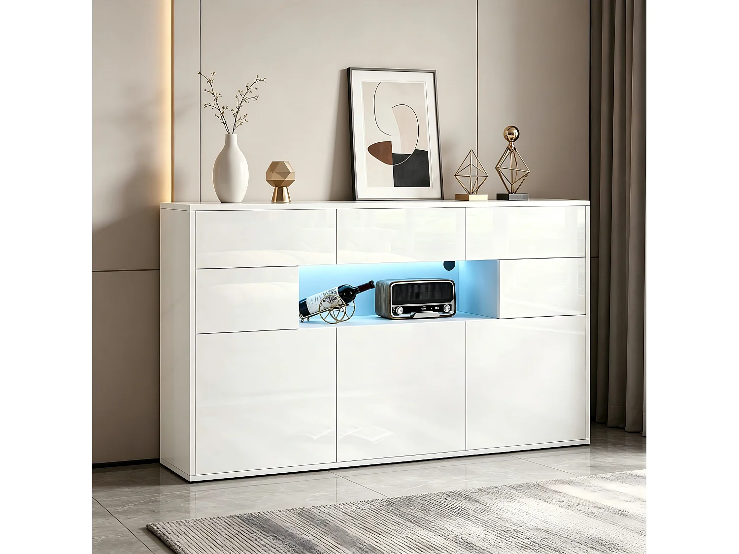 Glossy sideboard 140x30x94 cm - 3 drawers and 5 doors - with LED lighting - with 5 metal legs - MDF - White