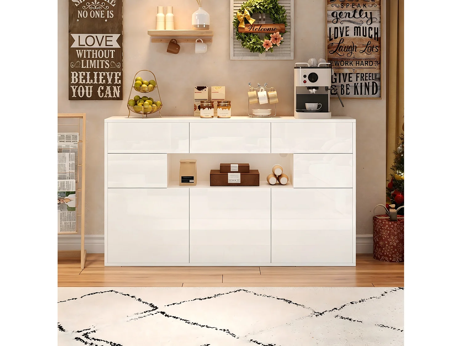 Glossy sideboard 140x30x94 cm - 3 drawers and 5 doors - with LED lighting - with 5 metal legs - MDF - White