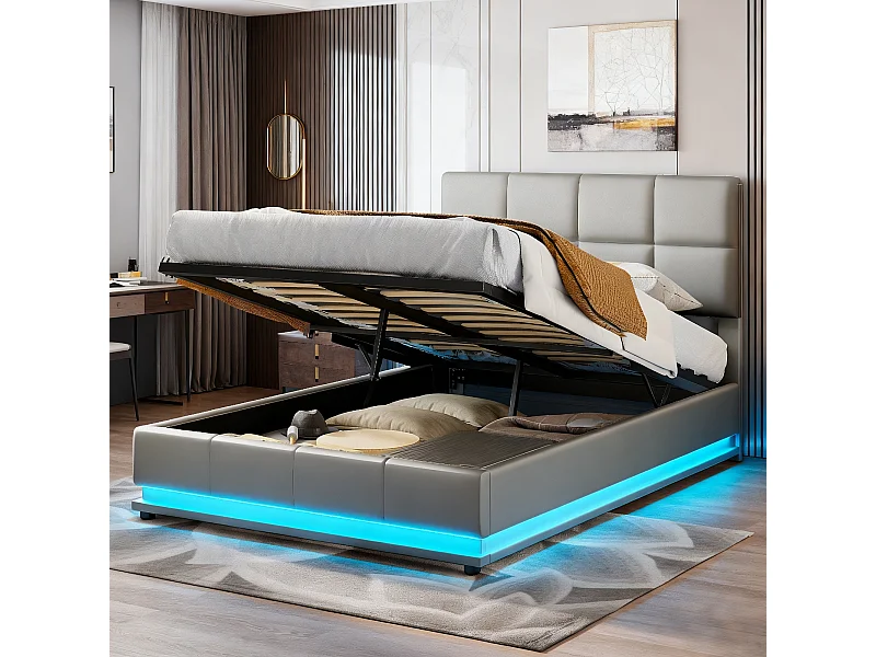 Lit adulte 140x200 cm - NEXU - LED - lit 140x200 cm avec sommier à lattes - tissu en pu - cadre de lit coffre 140x200 cm - gris