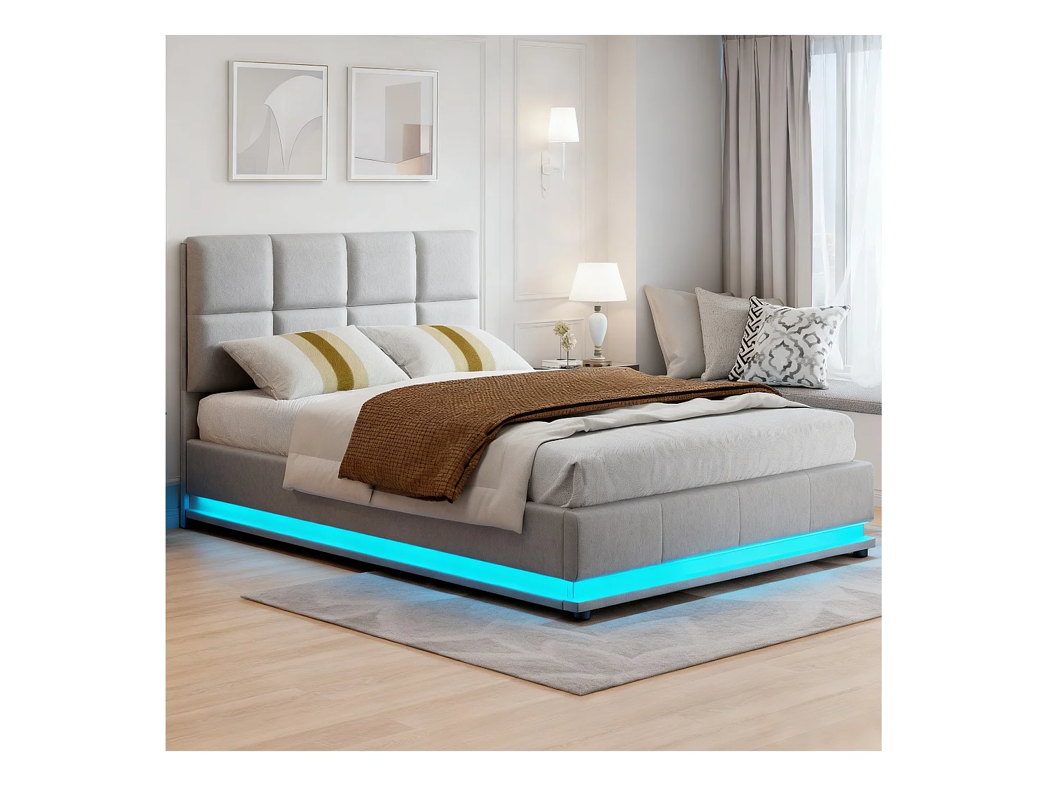 Lit adulte 140x200 cm - NEXU - LED - lit 140x200 cm avec sommier à lattes - tissu en pu - cadre de lit coffre 140x200 cm - gris