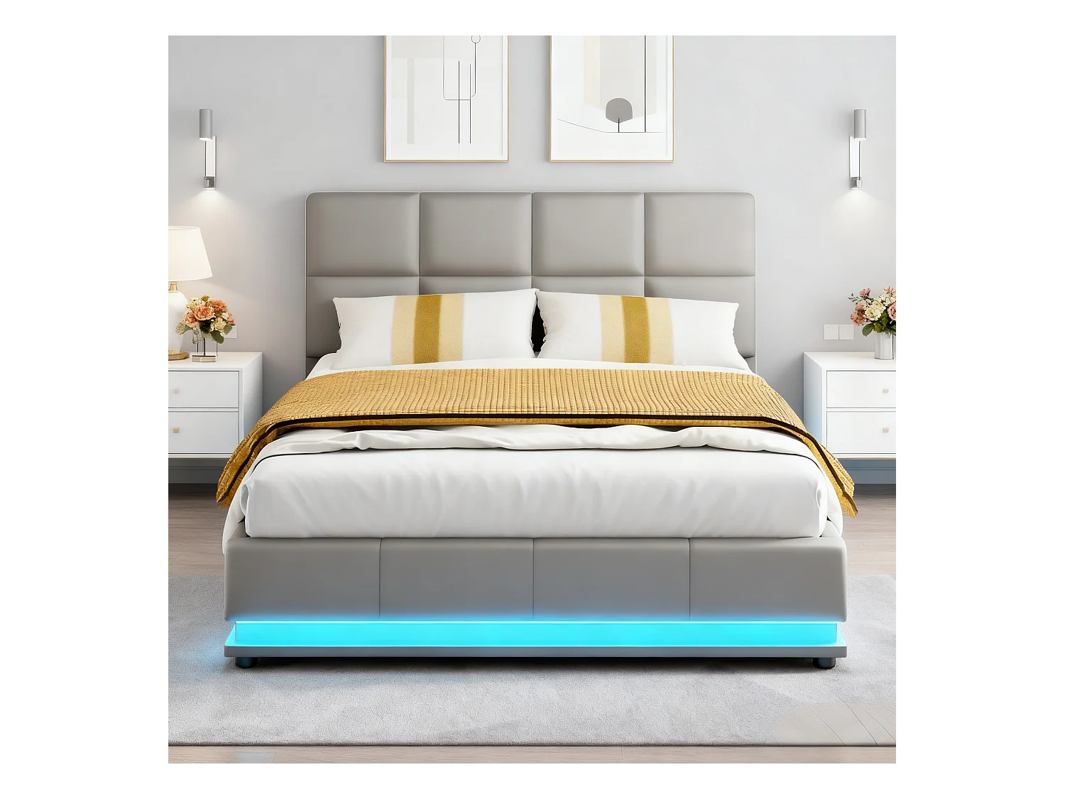 Lit adulte 140x200 cm - NEXU - LED - lit 140x200 cm avec sommier à lattes - tissu en pu - cadre de lit coffre 140x200 cm - gris