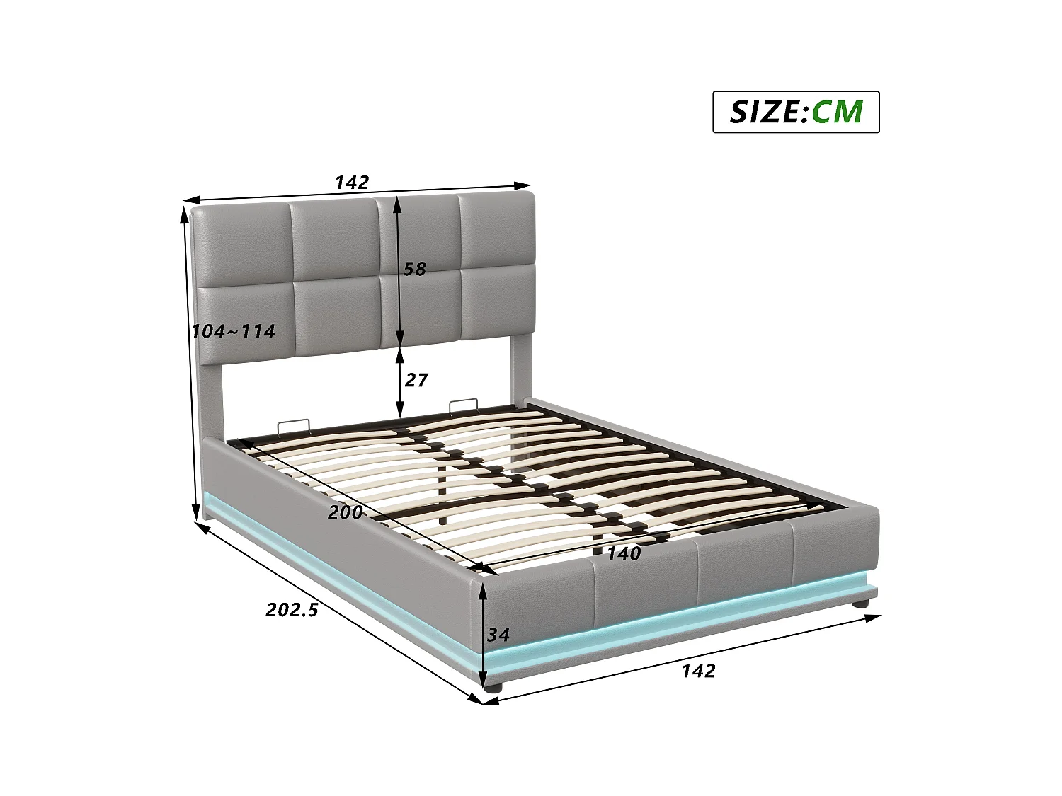 Lit adulte 140x200 cm - NEXU - LED - lit 140x200 cm avec sommier à lattes - tissu en pu - cadre de lit coffre 140x200 cm - gris