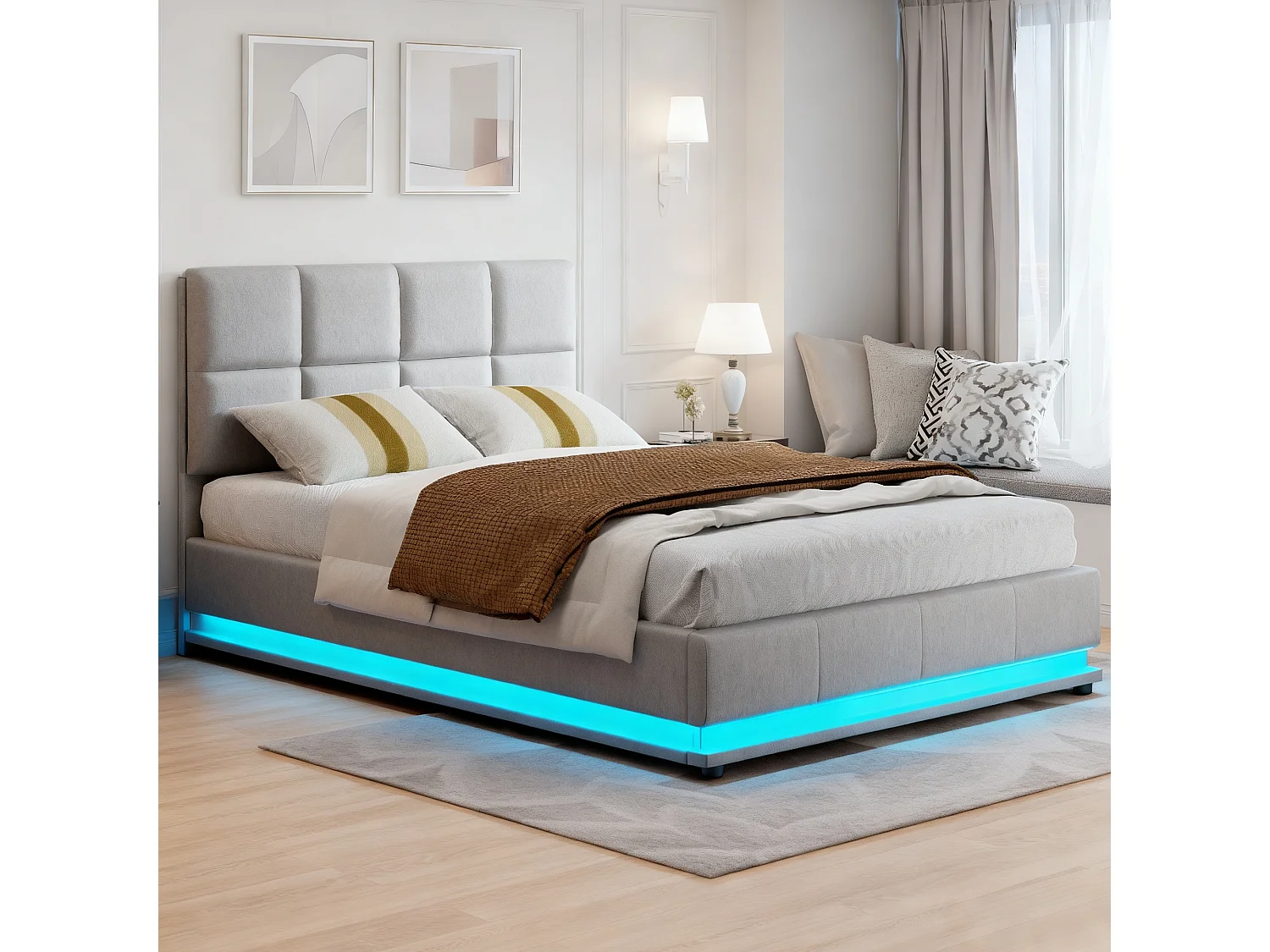 Lit adulte 140x200 cm - NEXU - LED - lit 140x200 cm avec sommier à lattes - tissu en pu - cadre de lit coffre 140x200 cm - gris