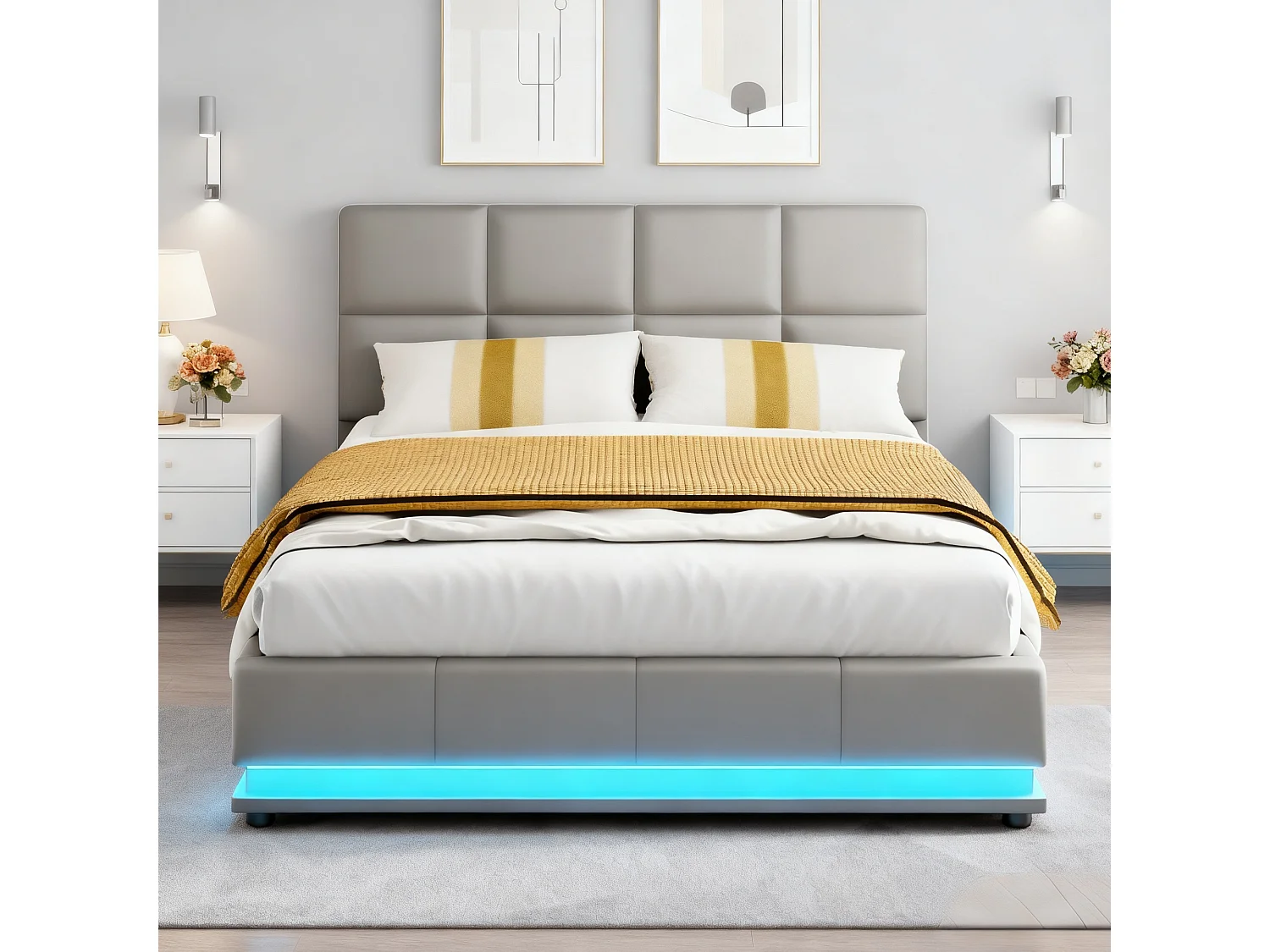 Lit adulte 140x200 cm - NEXU - LED - lit 140x200 cm avec sommier à lattes - tissu en pu - cadre de lit coffre 140x200 cm - gris