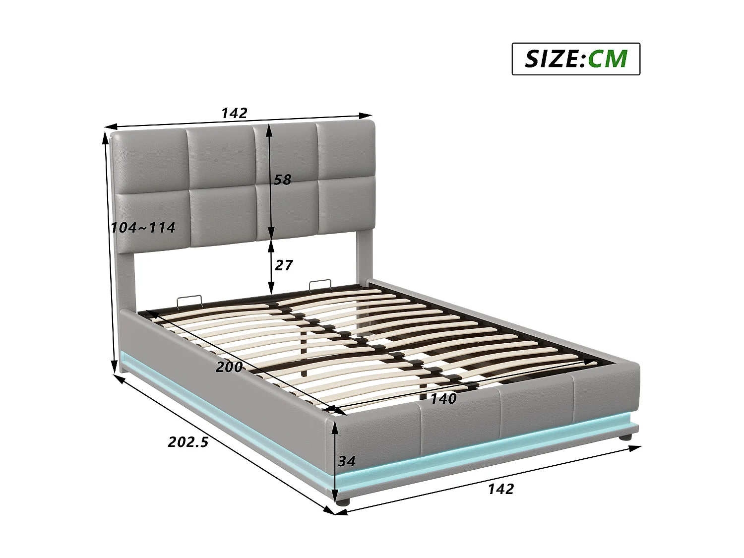 Lit adulte 140x200 cm - NEXU - LED - lit 140x200 cm avec sommier à lattes - tissu en pu - cadre de lit coffre 140x200 cm - gris