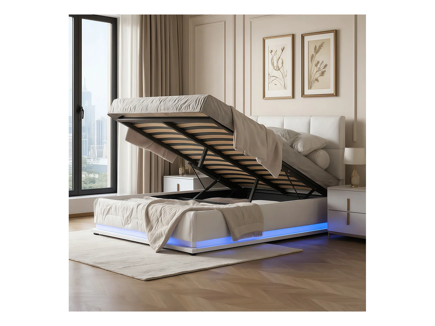 Lit coffre 140x190 avec LED, tête de lit réglable, lit 140x190 avec sommier à lattes, cadre de lit double 140x190, tissu en PU, blanc