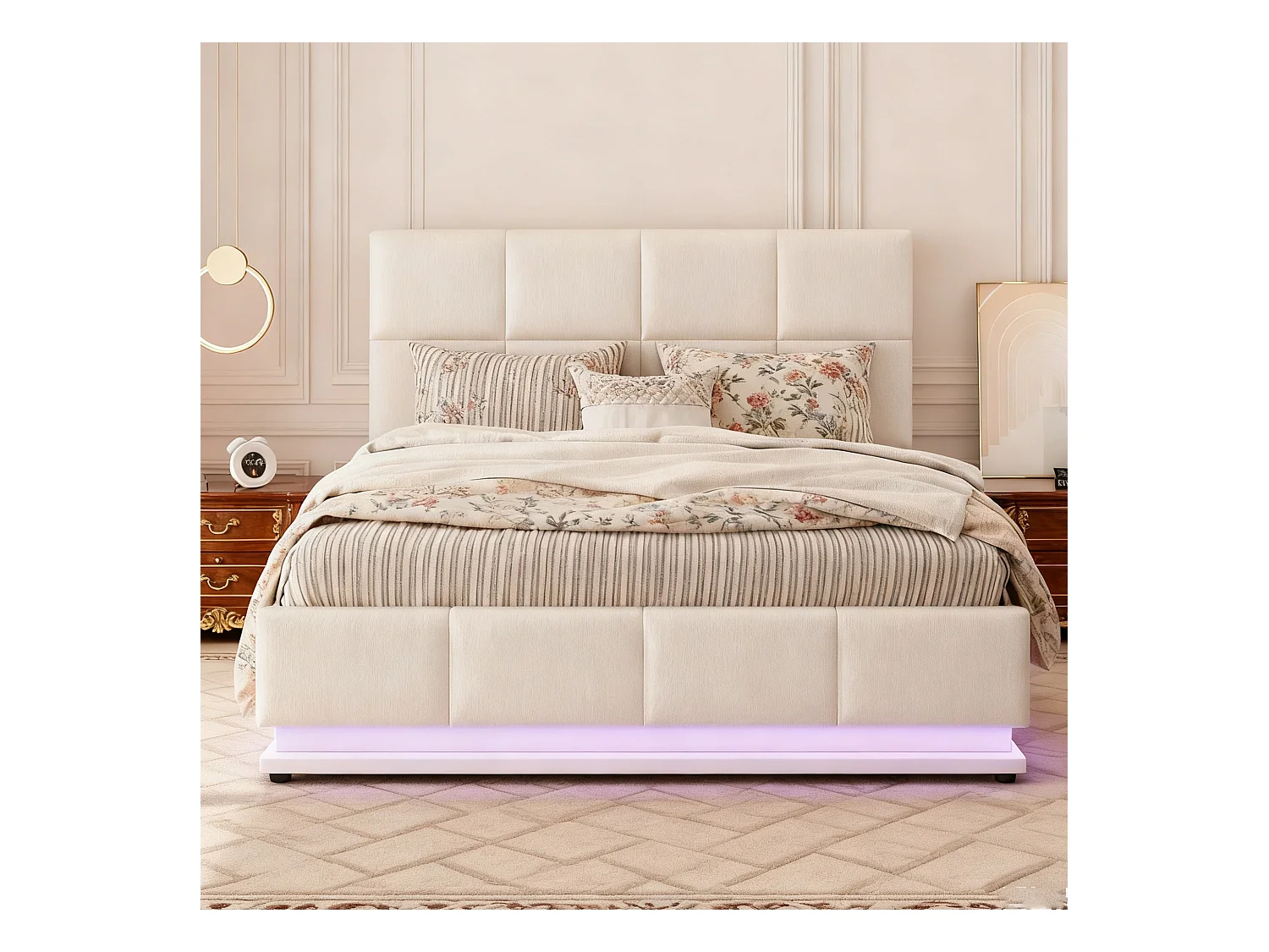 Lit coffre 140x190 avec LED, tête de lit réglable, lit 140x190 avec sommier à lattes, cadre de lit double 140x190, tissu en PU, blanc