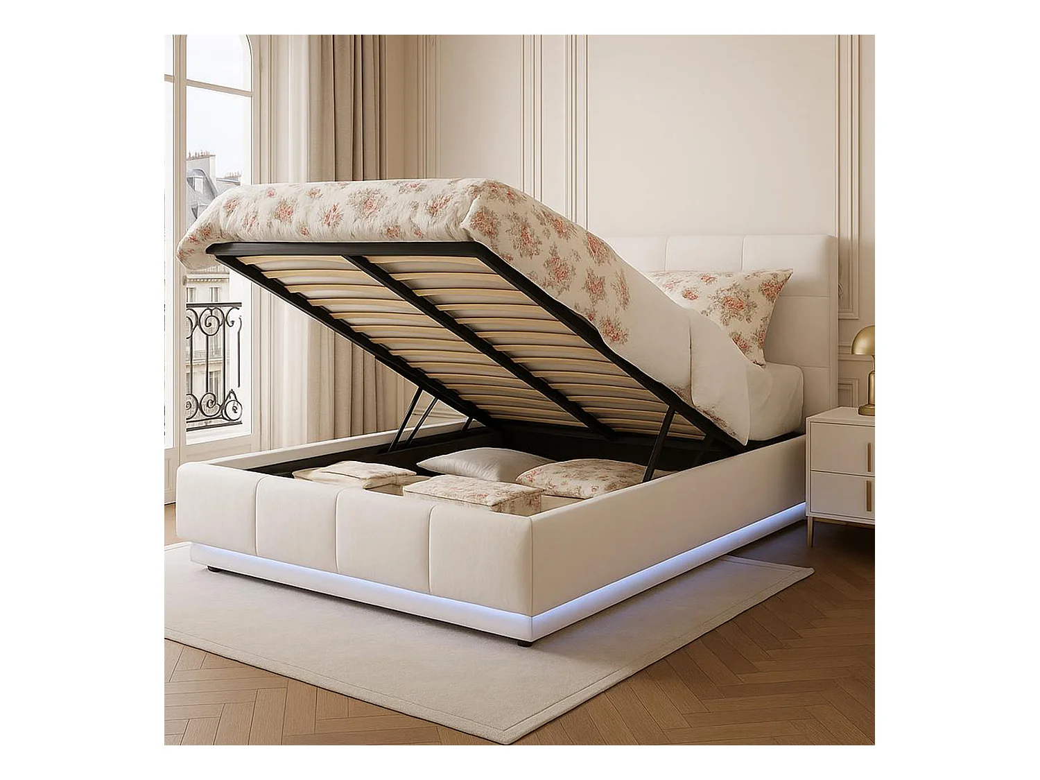 Lit coffre 140x190 avec LED, tête de lit réglable, lit 140x190 avec sommier à lattes, cadre de lit double 140x190, tissu en PU, blanc