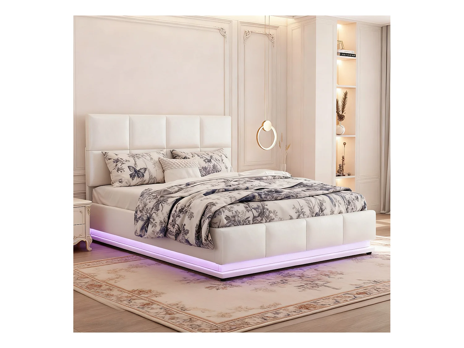 Lit coffre 140x190 avec LED, tête de lit réglable, lit 140x190 avec sommier à lattes, cadre de lit double 140x190, tissu en PU, blanc