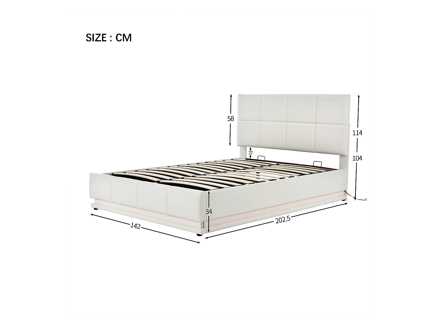 Lit coffre 140x190 avec LED, tête de lit réglable, lit 140x190 avec sommier à lattes, cadre de lit double 140x190, tissu en PU, blanc