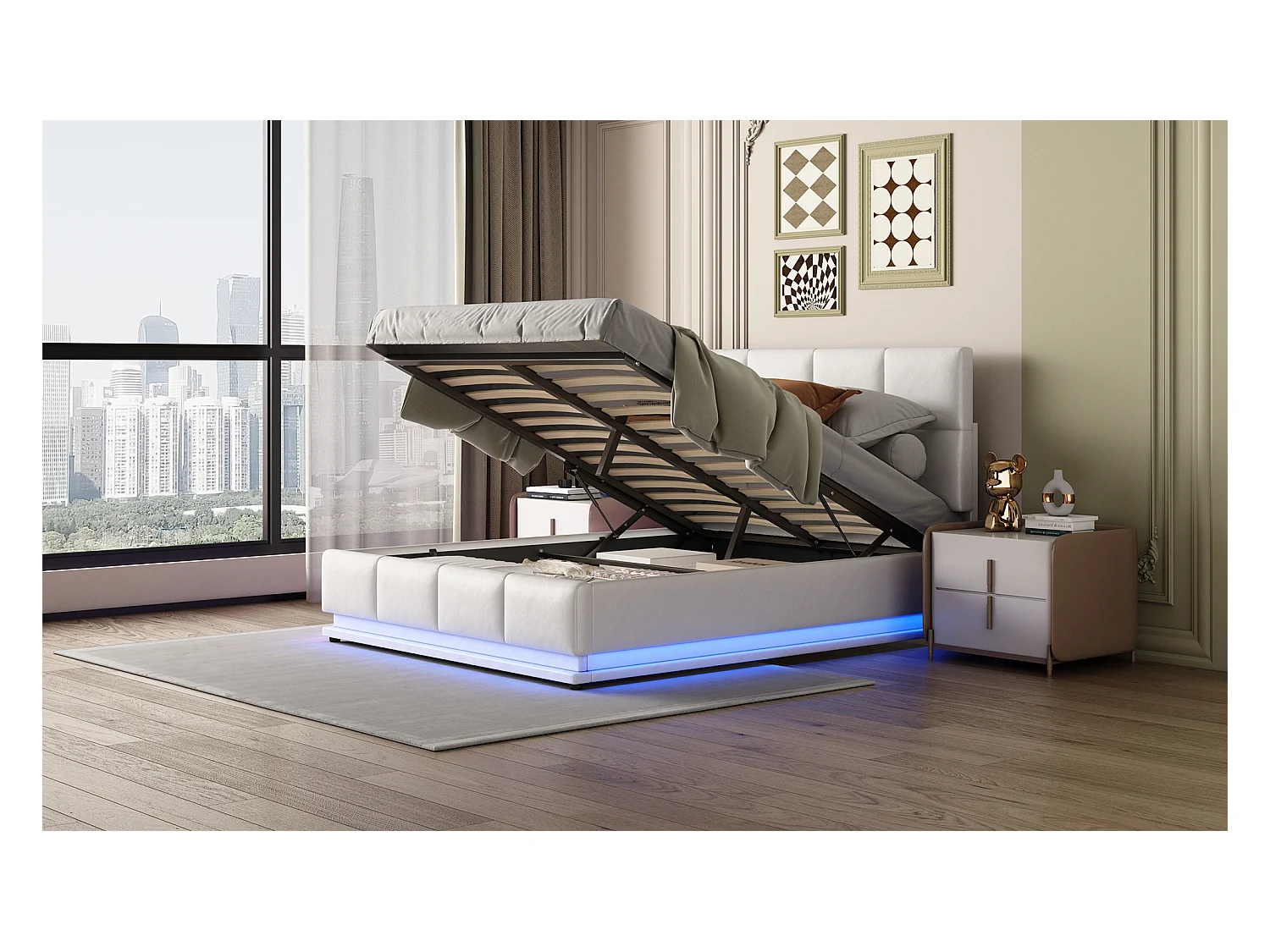 Lit coffre 140x190 avec LED, tête de lit réglable, lit 140x190 avec sommier à lattes, cadre de lit double 140x190, tissu en PU, blanc