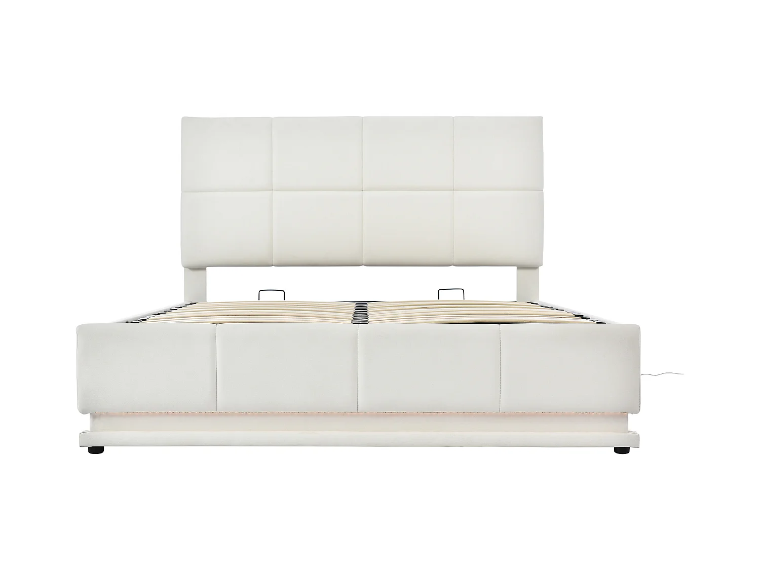 Lit coffre 140x190 avec LED, tête de lit réglable, lit 140x190 avec sommier à lattes, cadre de lit double 140x190, tissu en PU, blanc