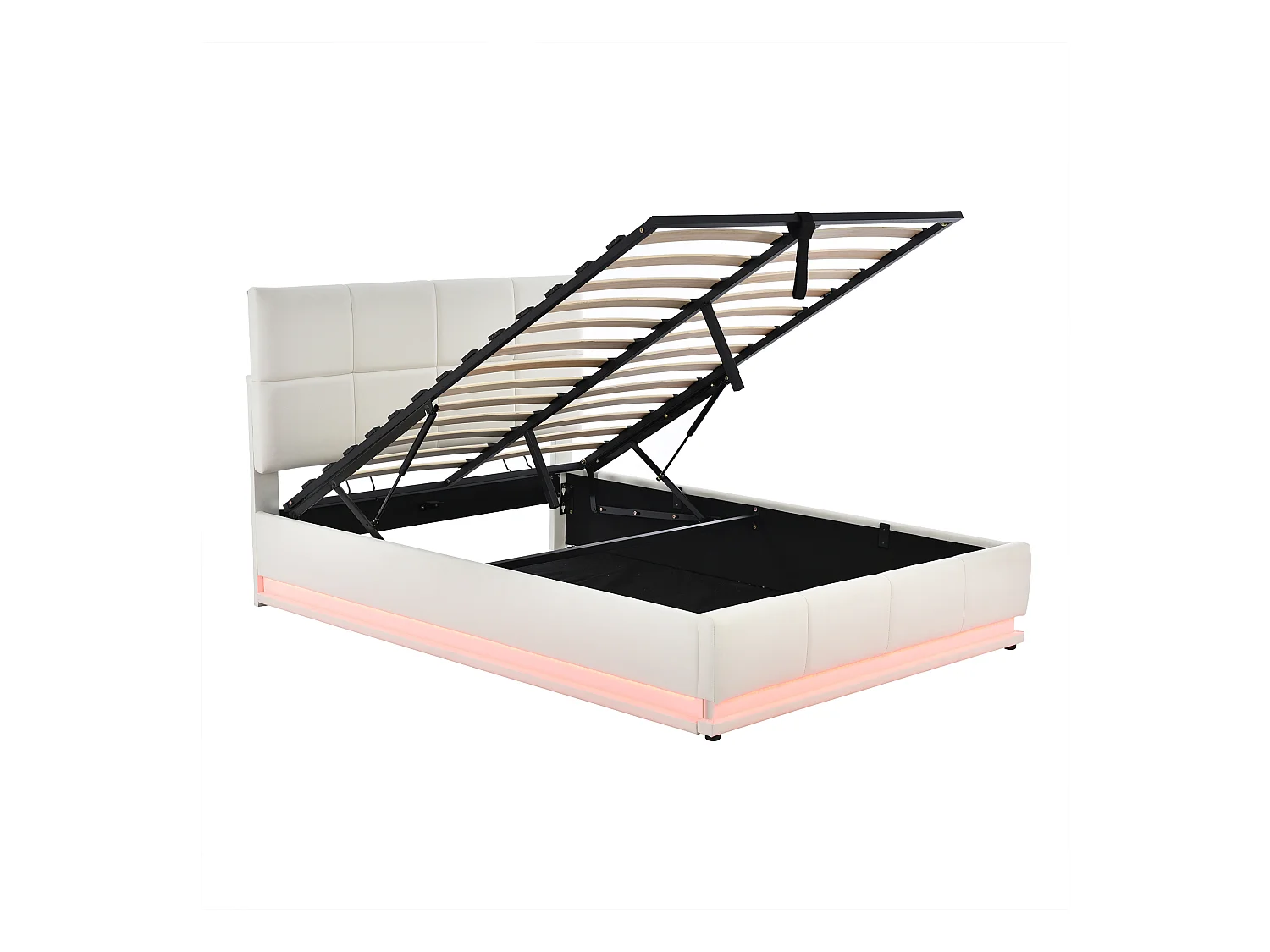 Lit coffre 140x190 avec LED, tête de lit réglable, lit 140x190 avec sommier à lattes, cadre de lit double 140x190, tissu en PU, blanc