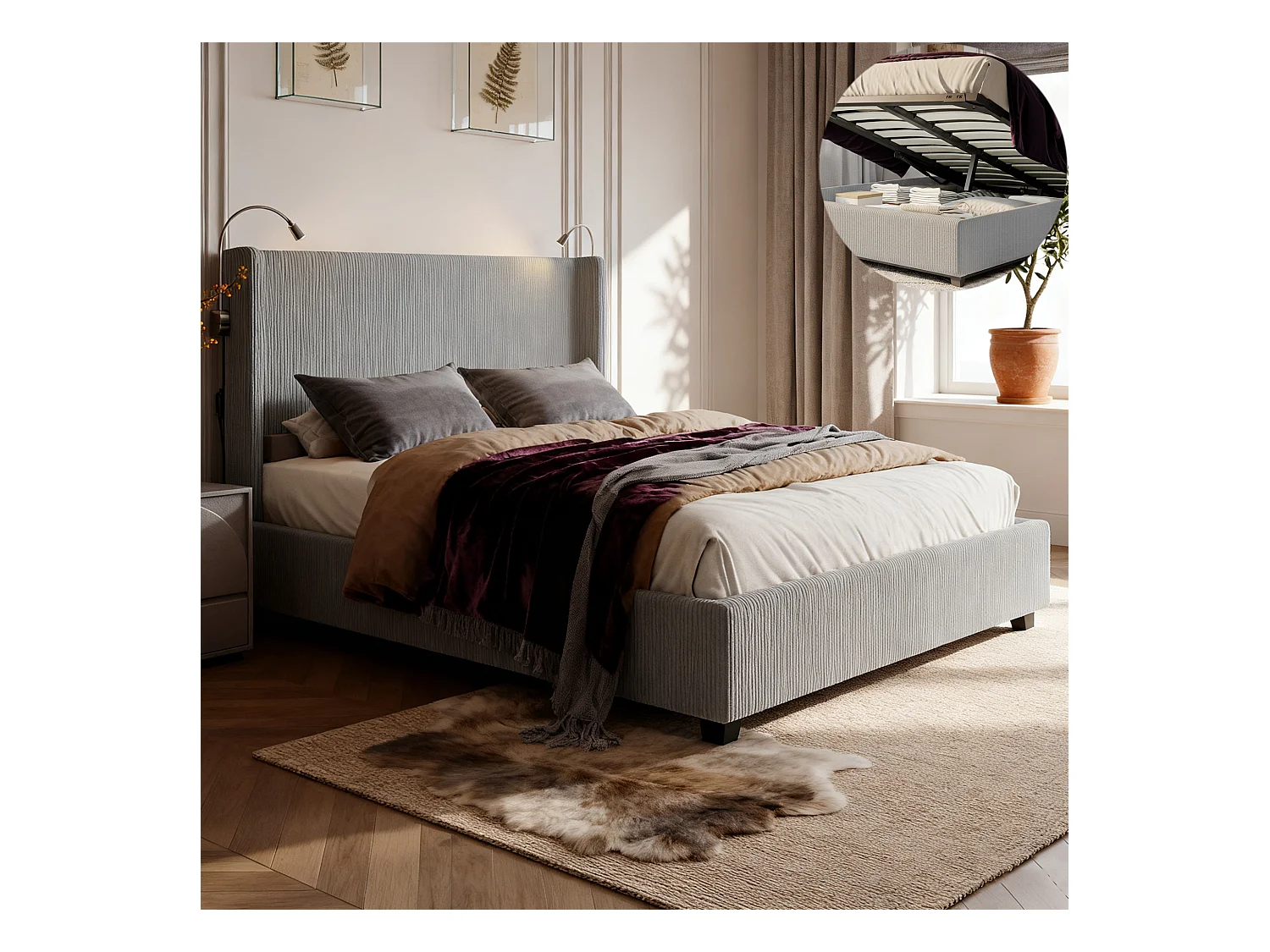 Lit coffre 140x200 avec sommier à lattes, lit 140x200 avec lampes de lecture, cadre de lit adulte 140x200, tissu en velours côtelé, gris