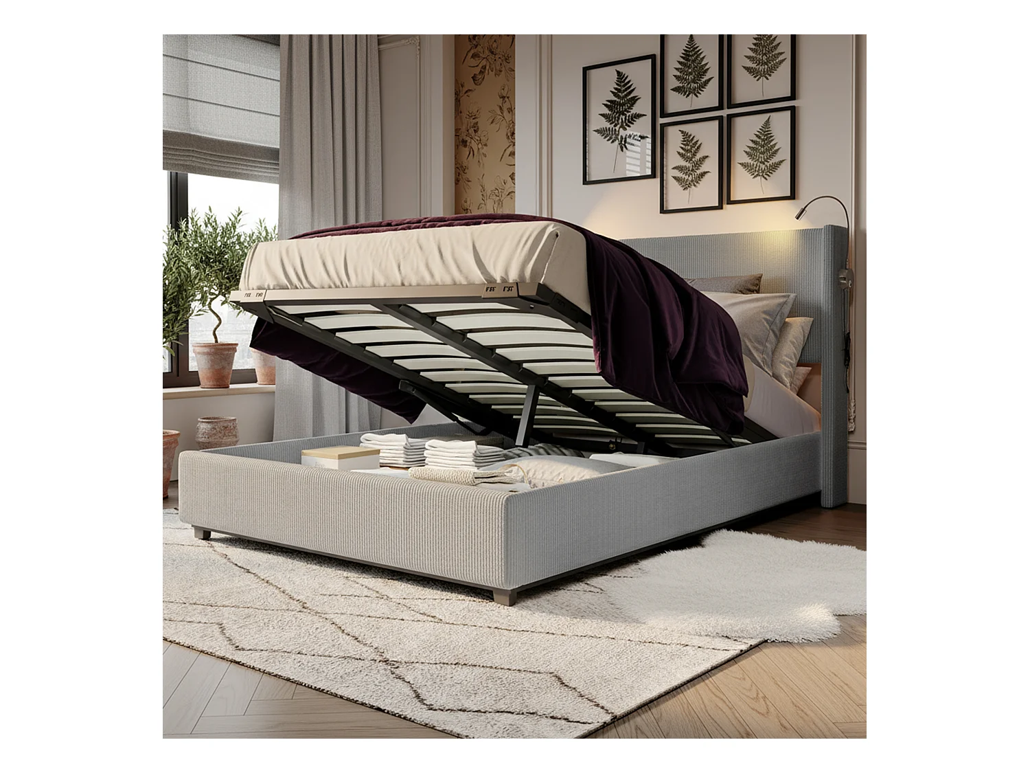 Lit coffre 140x200 avec sommier à lattes, lit 140x200 avec lampes de lecture, cadre de lit adulte 140x200, tissu en velours côtelé, gris