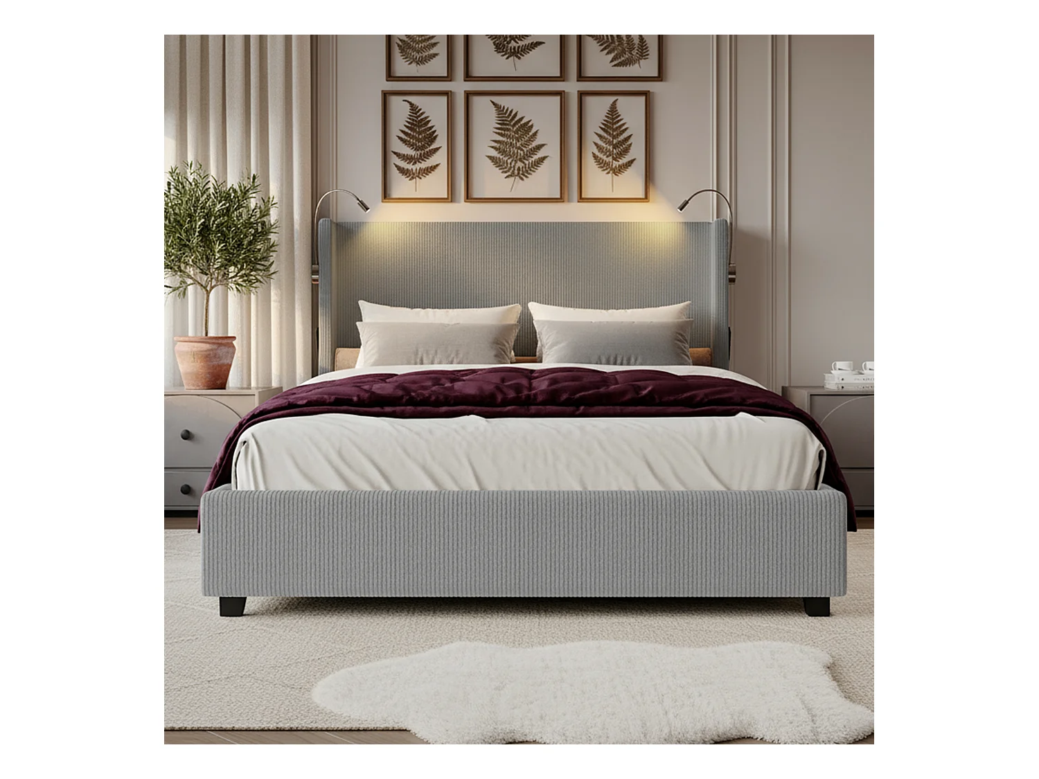 Lit coffre 140x200 avec sommier à lattes, lit 140x200 avec lampes de lecture, cadre de lit adulte 140x200, tissu en velours côtelé, gris