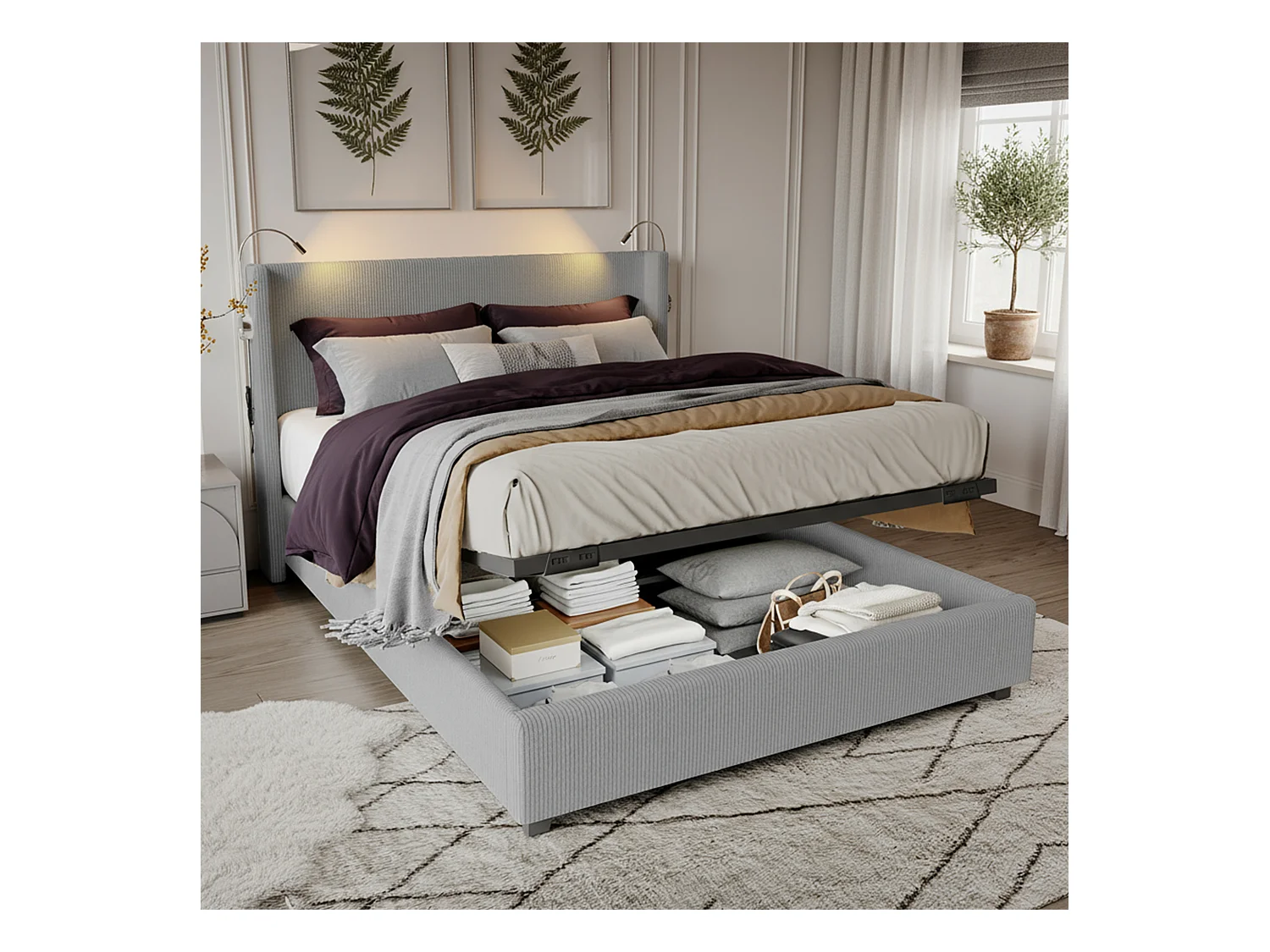 Lit coffre 140x200 avec sommier à lattes, lit 140x200 avec lampes de lecture, cadre de lit adulte 140x200, tissu en velours côtelé, gris