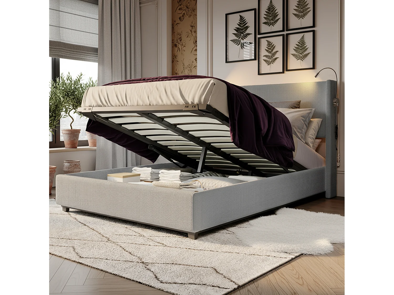 Lit coffre 140x200 avec sommier à lattes, lit 140x200 avec lampes de lecture, cadre de lit adulte 140x200, tissu en velours côtelé, gris