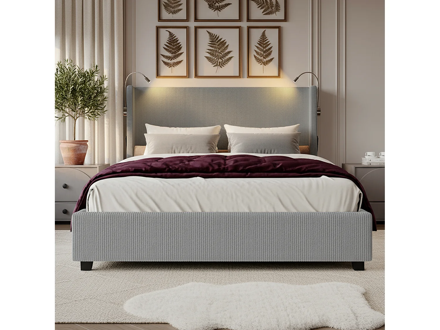 Lit coffre 140x200 avec sommier à lattes, lit 140x200 avec lampes de lecture, cadre de lit adulte 140x200, tissu en velours côtelé, gris