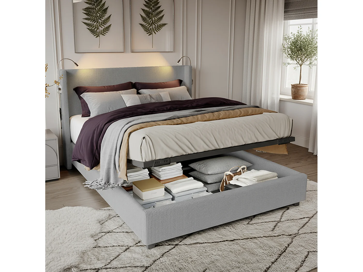 Lit coffre 140x200 avec sommier à lattes, lit 140x200 avec lampes de lecture, cadre de lit adulte 140x200, tissu en velours côtelé, gris